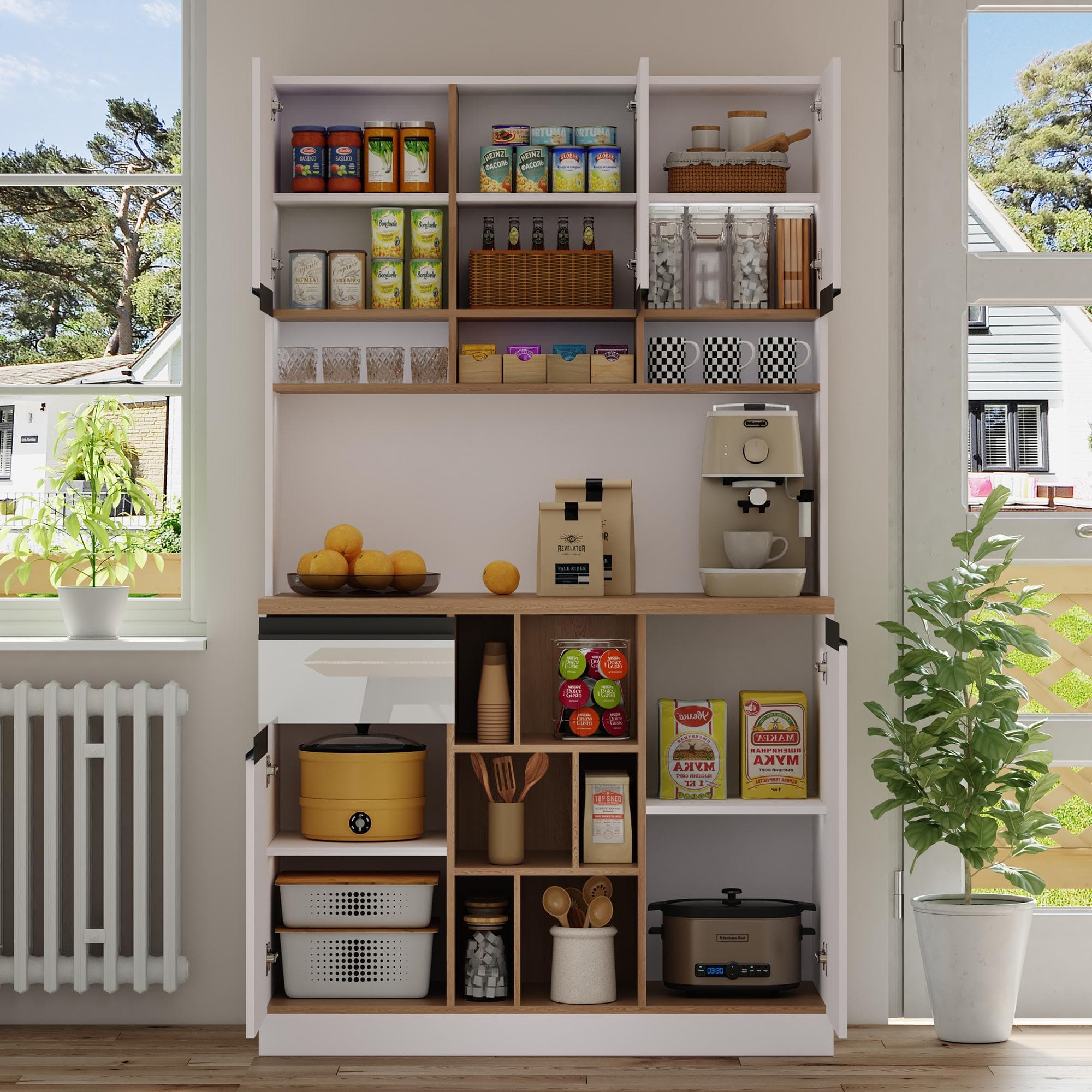 Stylish Kitchen Cabinet with Open Storage, Anti-Tip Protection, Versatile Sideboard for Dining, Living Areas, 105L x 45W x 185H cm, White | Aosom UK