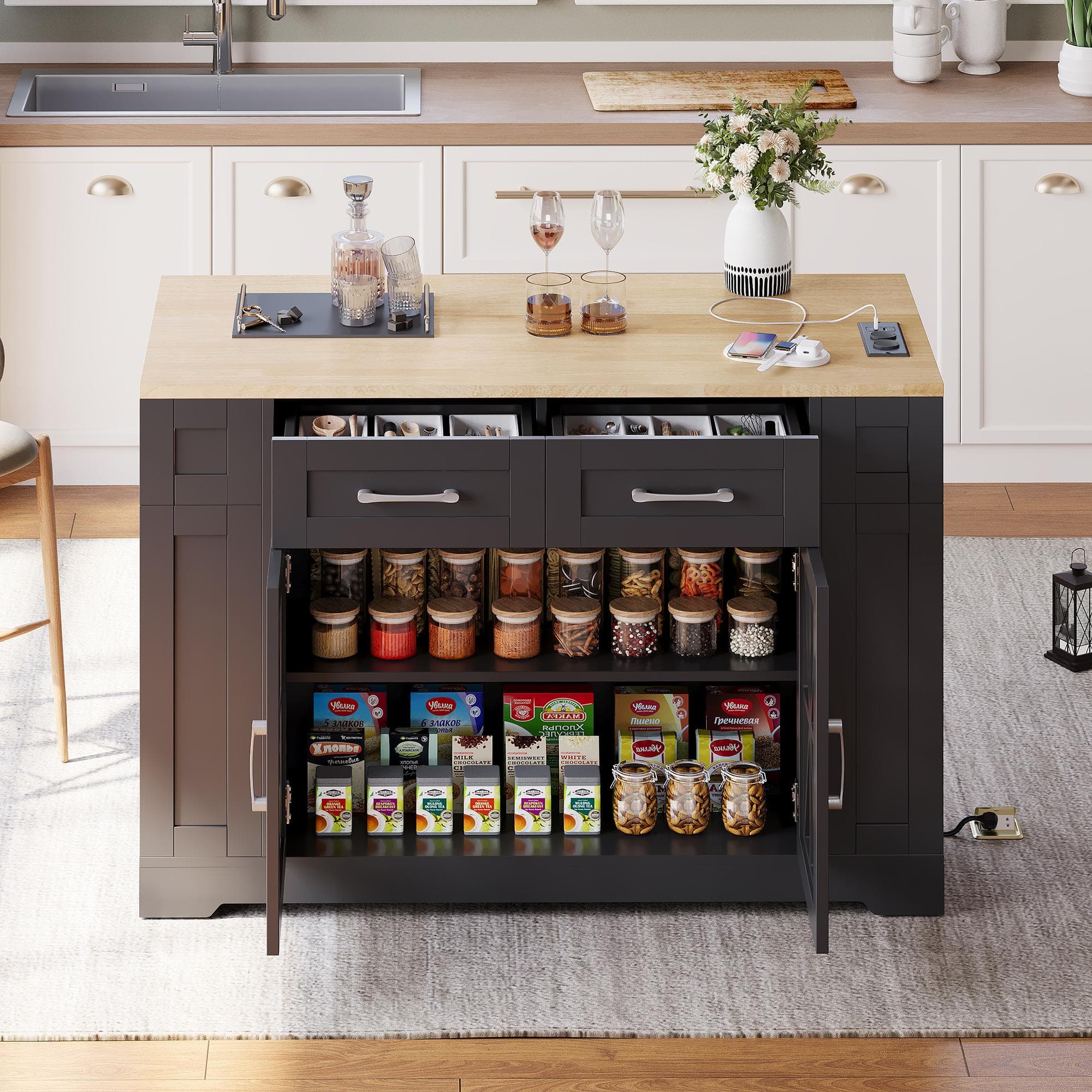 Mobile Kitchen Island with Foldable Tabletop and Sockets, Storage Buffet with Adjustable Shelves, 120L x 65W x 92H cm, Black+Natural | Aosom UK