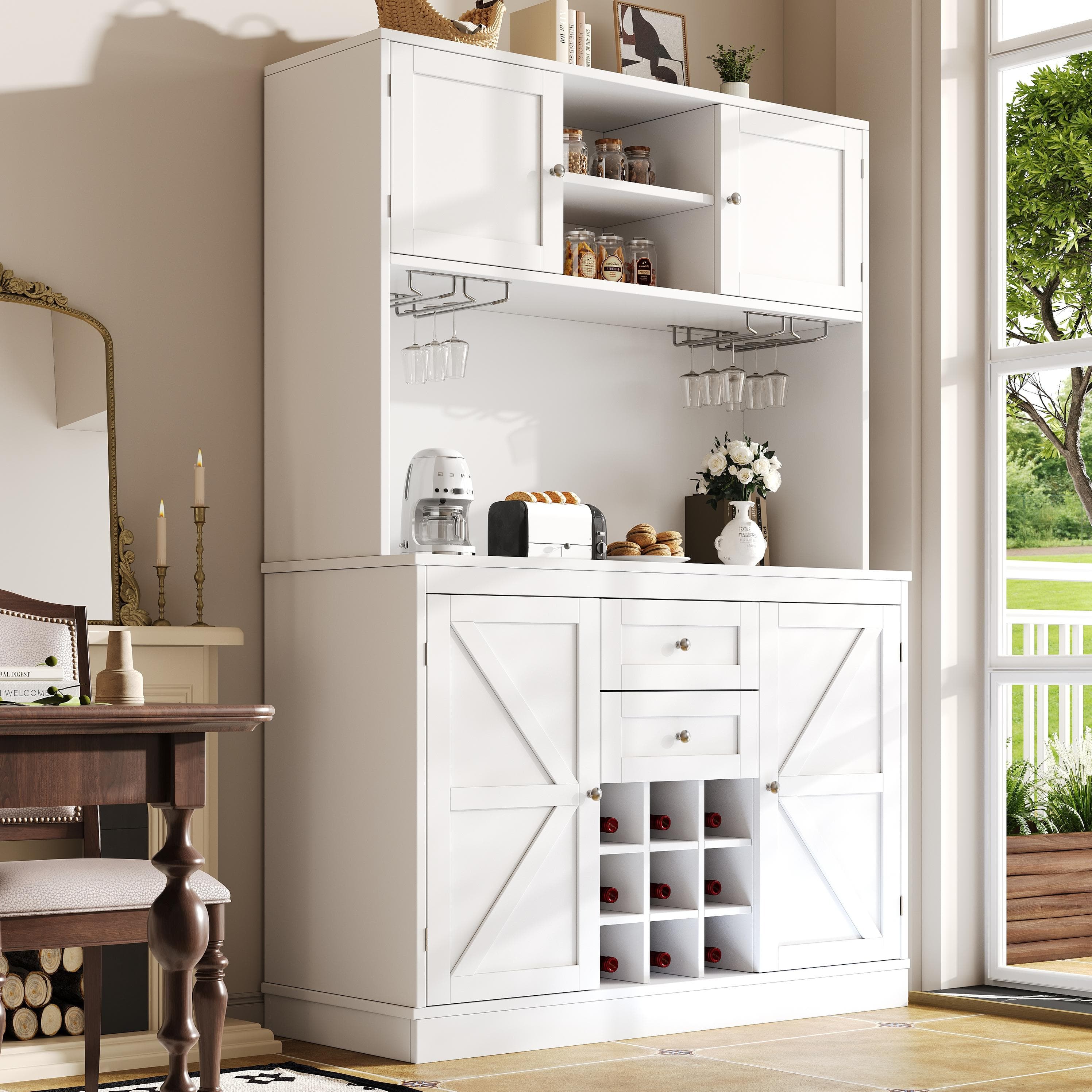 Tall Kitchen Cabinet with Wine Rack and Adjustable Shelves, Spacious Kitchen Cupboard with Doors and Drawers, 120L x 40W x 188H cm, White | Aosom UK
