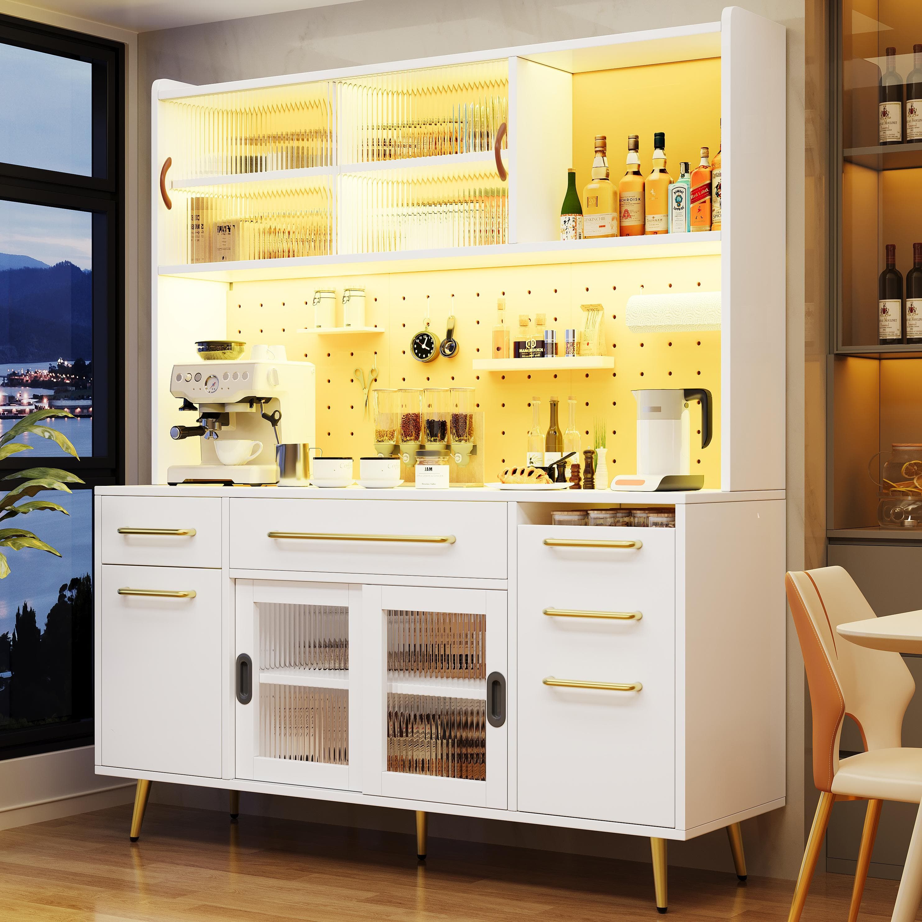 Trendy Sideboard with App-Controlled LED and MDF Pegboard, Tall Storage Cabinet with Sliding Door, 45L x 39W x 171H cm, White | Aosom UK