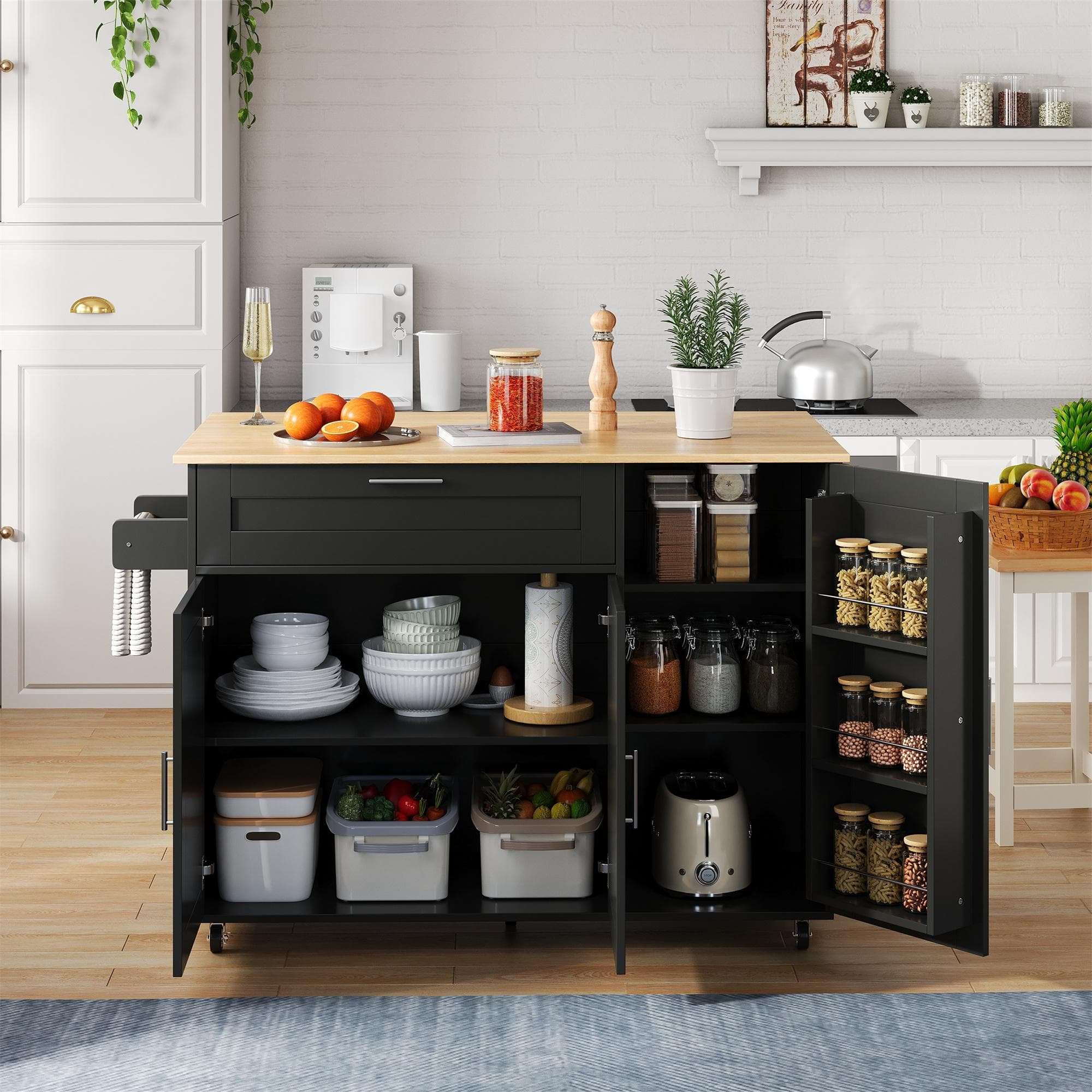 Versatile Kitchen Island with Foldable Worktop and Shelves, Multifunctional Cabinet for Dining Areas, 132.5L x 44W x 90H cm, Black+Natural | Aosom UK