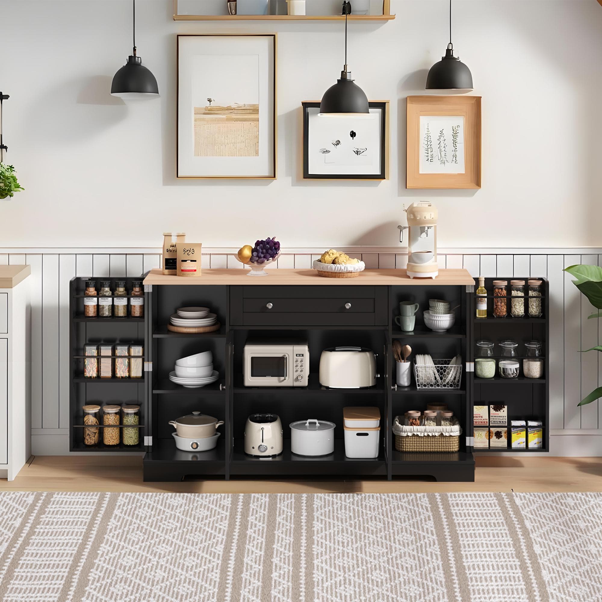 Multifunctional Kitchen Sideboard with Double-Door Compartment, Spacious Cabinet with Adjustable Shelves, 138L x 40W x 85H cm, Black | Aosom UK