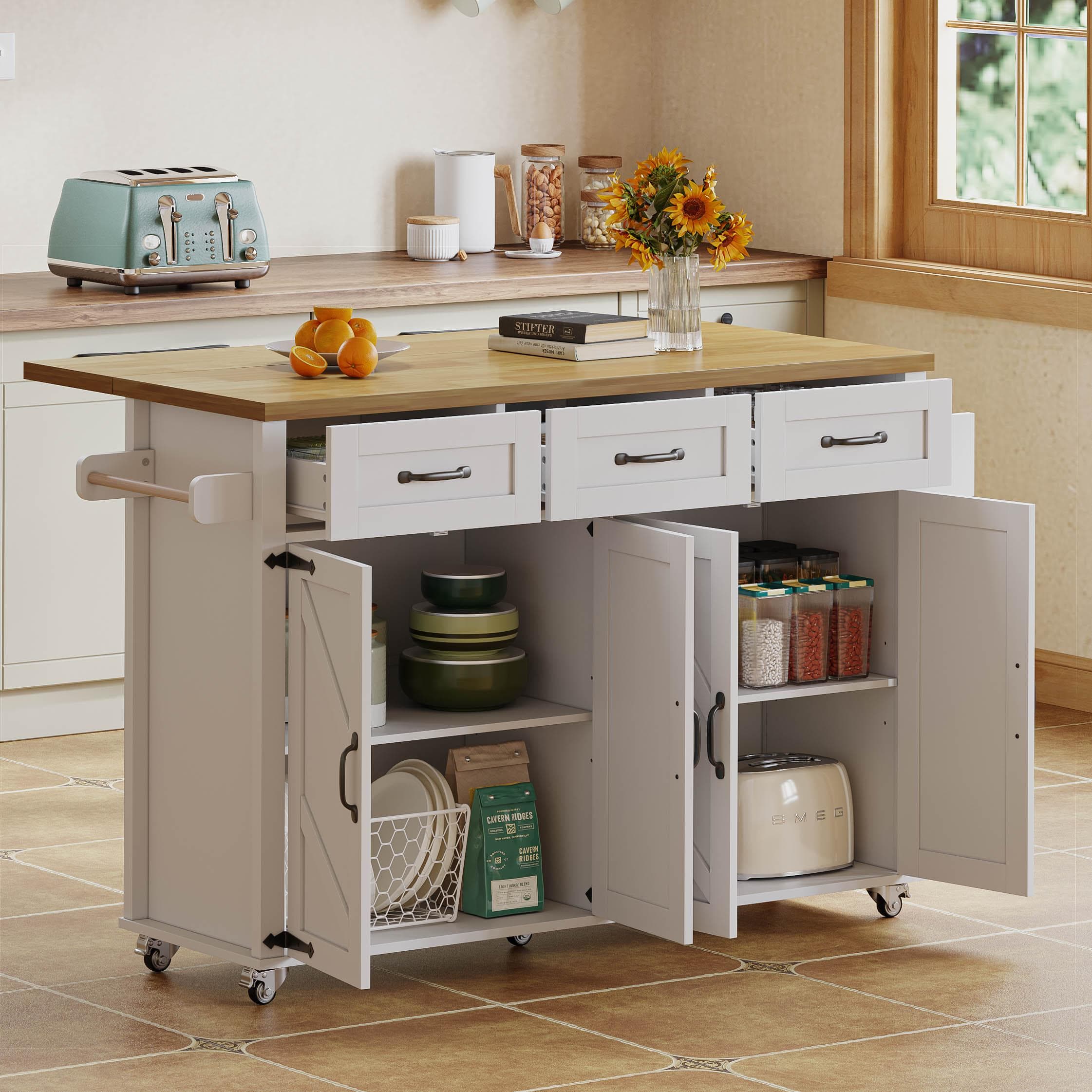 Mobile Kitchen Island with 5 Lockable Castors, Central Wheel, Practical Cart with Foldable Tabletop, 140L x 70W x 90.5H cm, White+Natural | Aosom UK