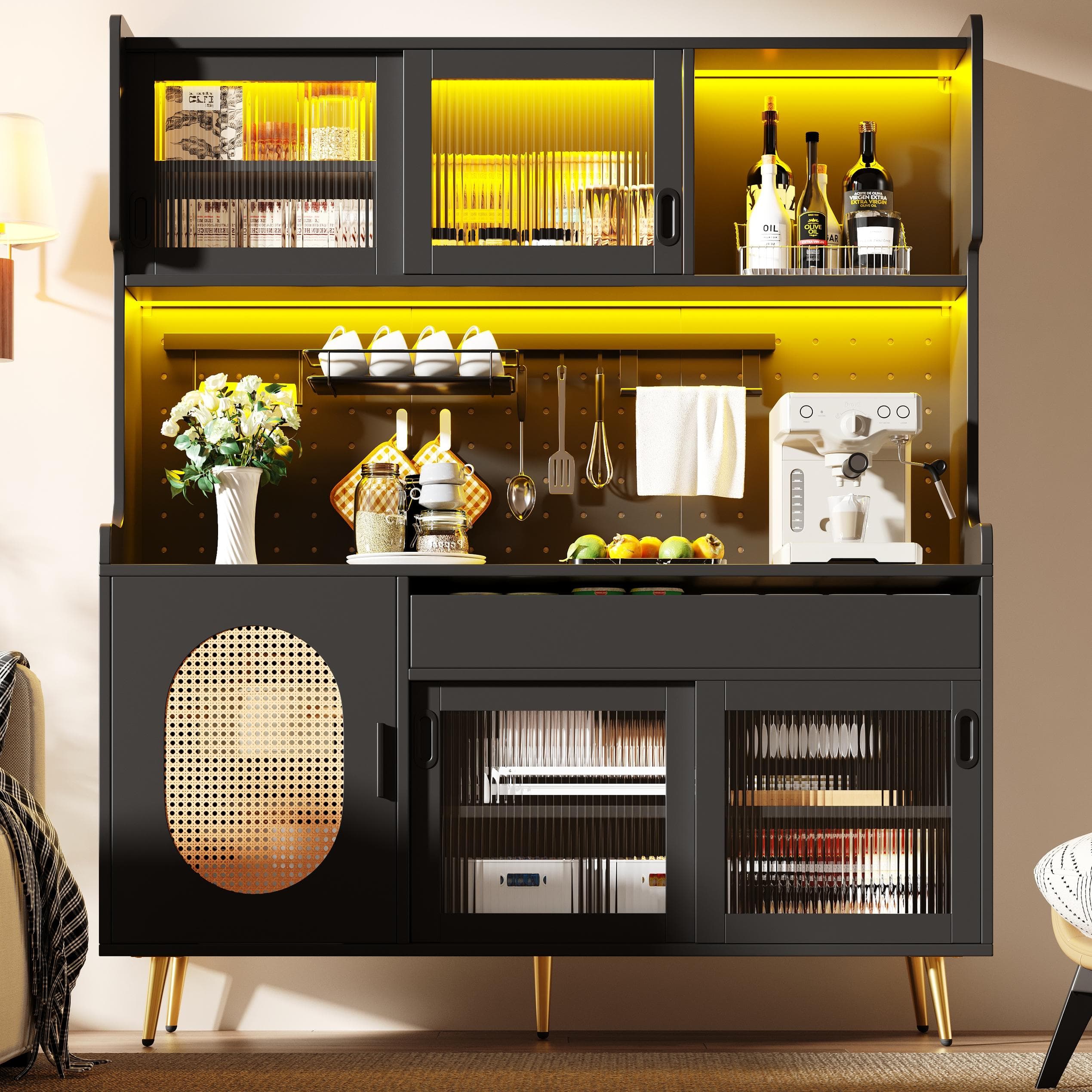 Country-Style Sideboard with Fluted Glass Doors, App-Controlled LED Strip, Storage Buffet with Pegboard Back, 145L x 39W x 171H cm, Black | Aosom UK