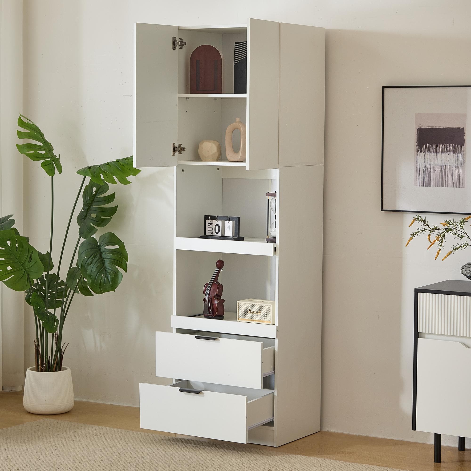 Freestanding Pantry Cabinet with 2 Open Sliding Shelves, Multifunctional Sideboard for Dining & Living Rooms, 59.5L x 45W x 200H cm, White | Aosom UK
