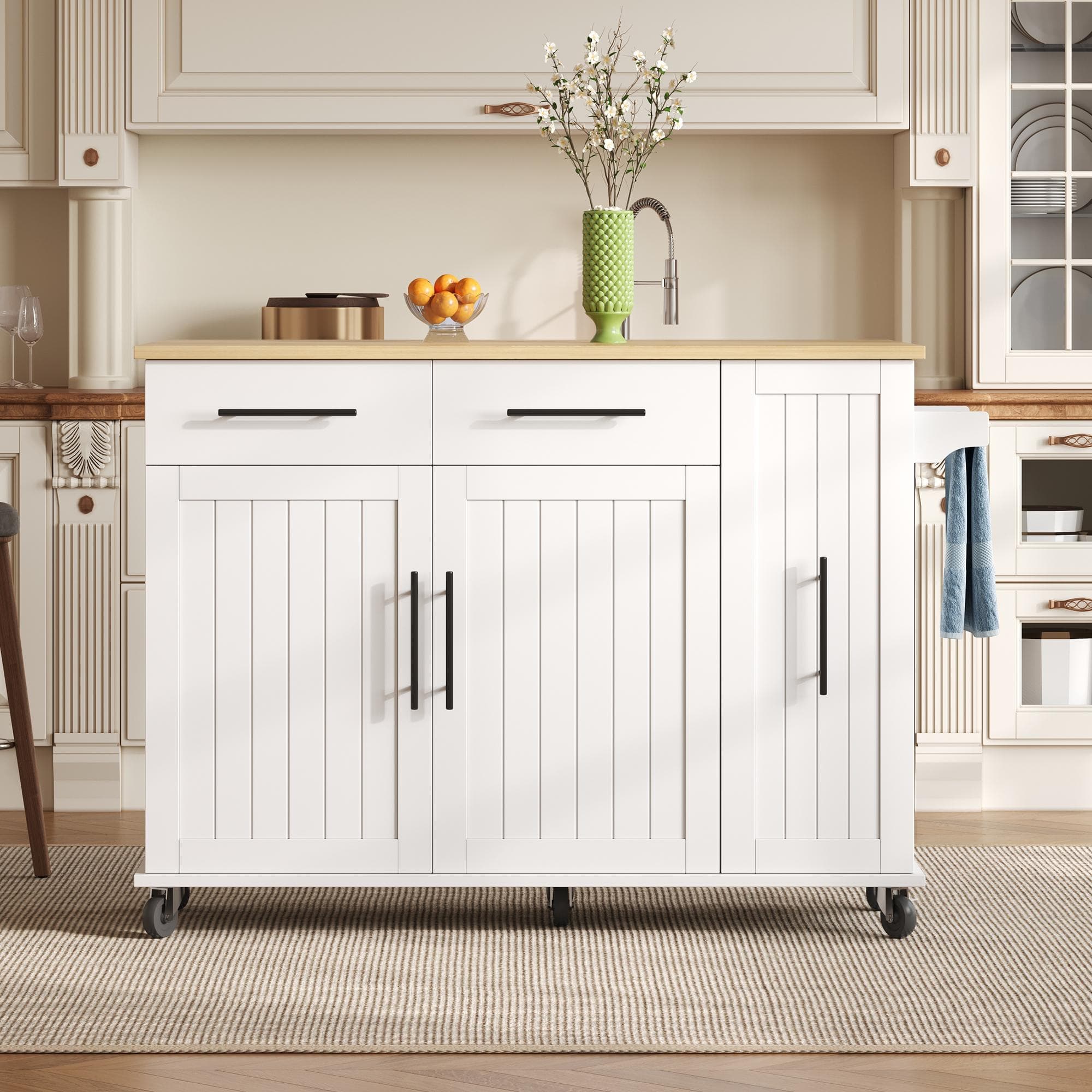 Sleek Kitchen Trolley with Drop Leaf, Pull-Out Organiser, Mobile Kitchen Island with Lockable Castors, 120L x 40W x 90H cm, White+Natural | Aosom UK