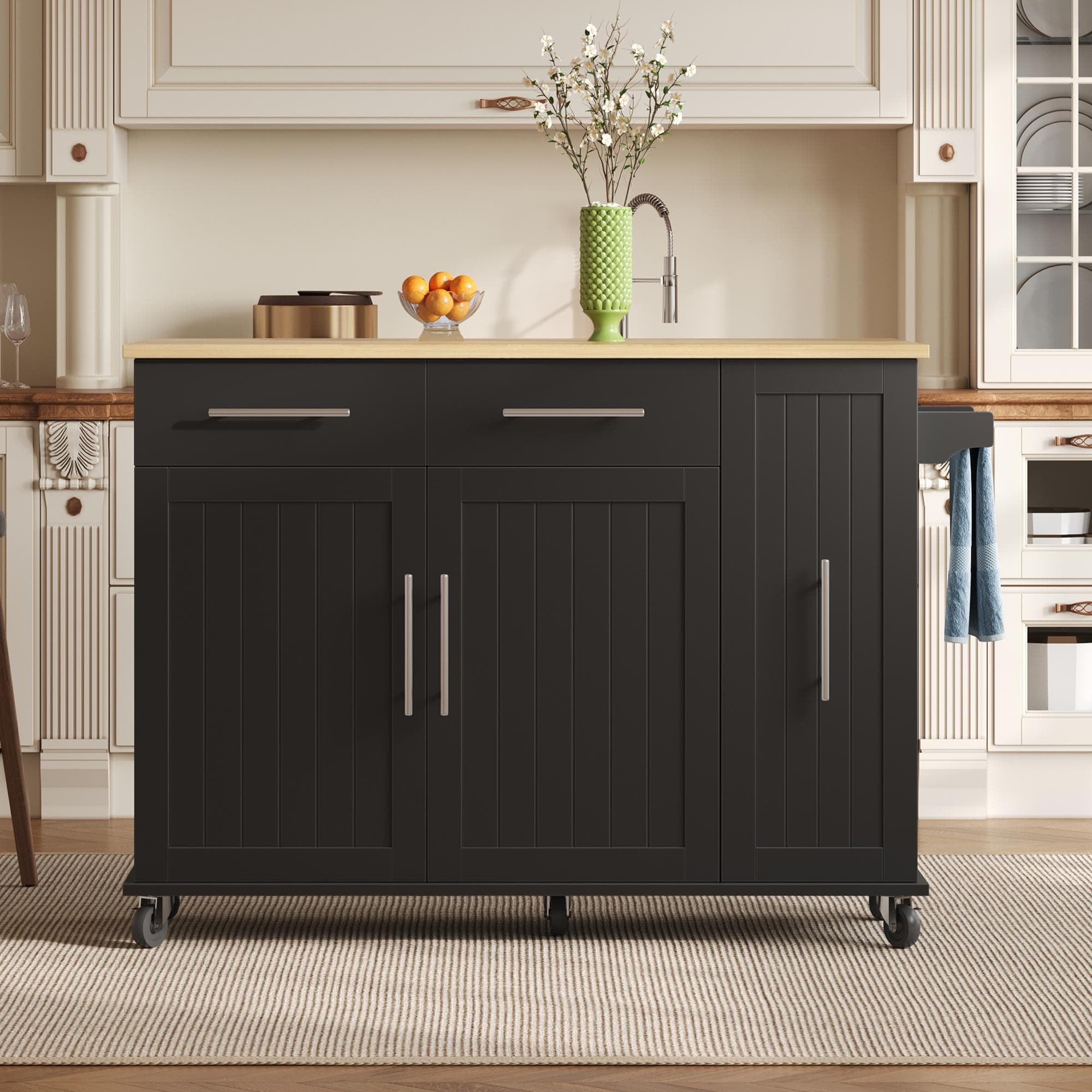 Sleek Kitchen Trolley with Drop Leaf, Pull-Out Organiser, Mobile Kitchen Island with Lockable Castors, 120L x 40W x 90H cm, Black+Natural | Aosom UK