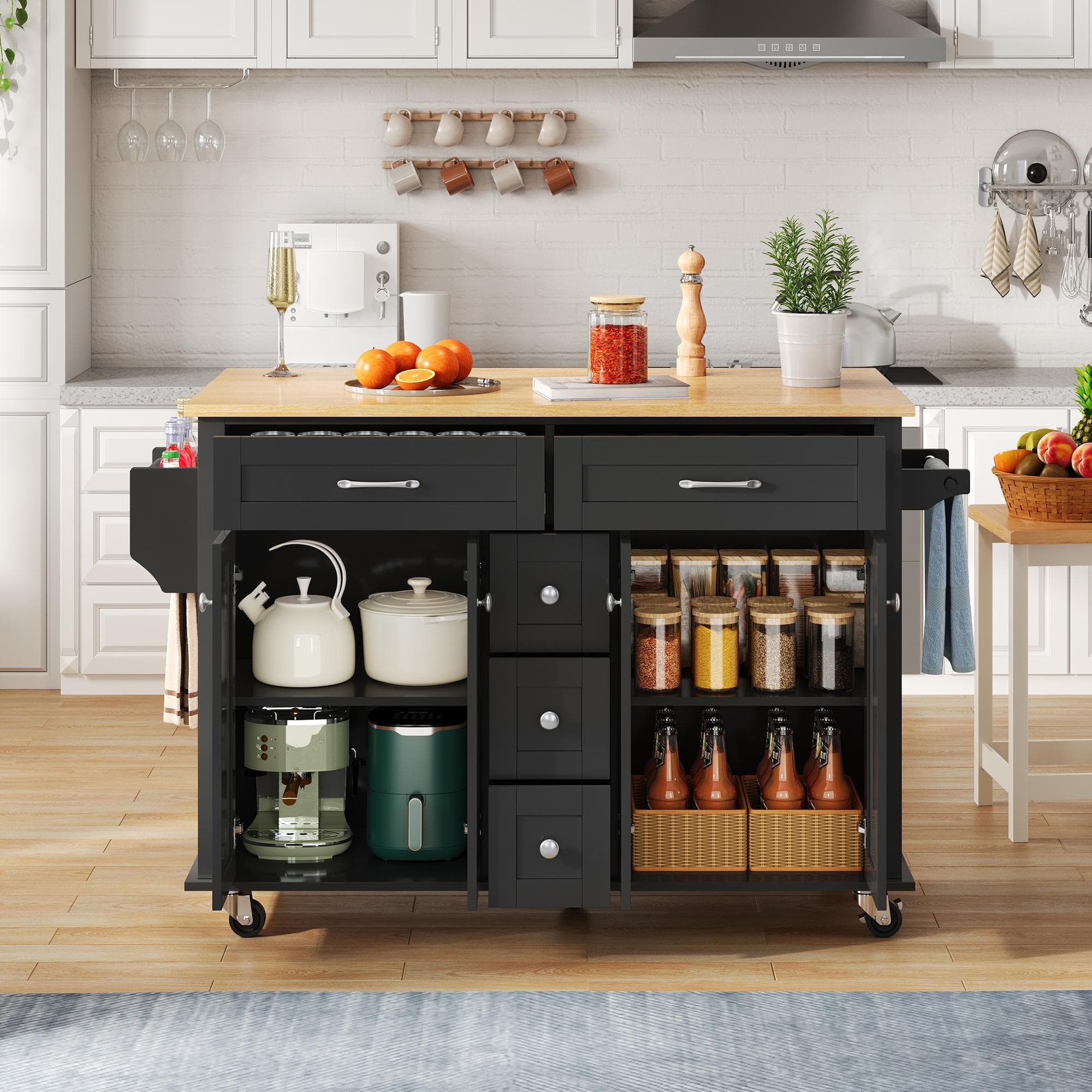 Versatile Kitchen Trolley with Extendable Worktop and 5 Drawers, Sturdy Buffet with Lockable Castors, 140L x 65W x 89H cm, Black+Natural | Aosom UK