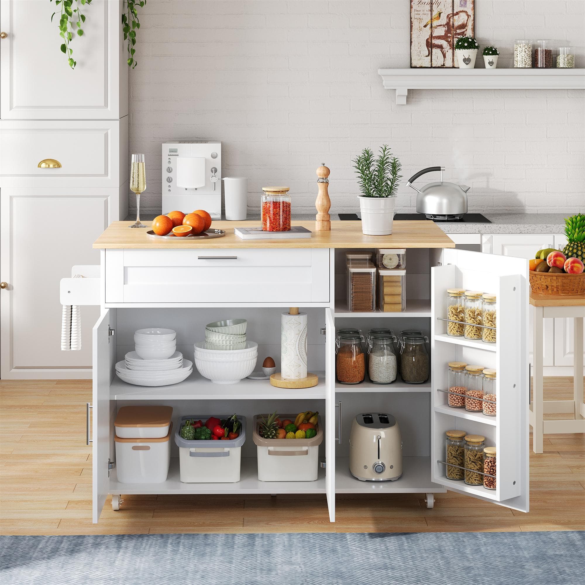 Mobile Kitchen Island with Foldable Oak-Look Worktop, Multi-purpose Trolley with Sliding Drawer, 132.5L x 44W x 90H cm, White+Natural | Aosom UK