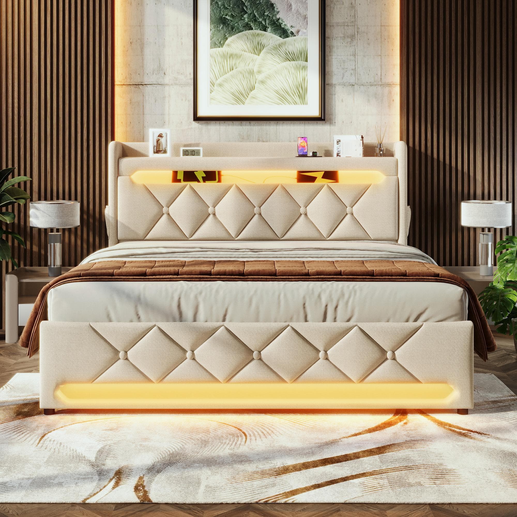 Upholstered Storage Bed with Integrated LED Lighting and USB Ports, Hydraulic Bed with Metal Slatted Frame, 225L x 156W x 111H cm, Beige | Aosom UK