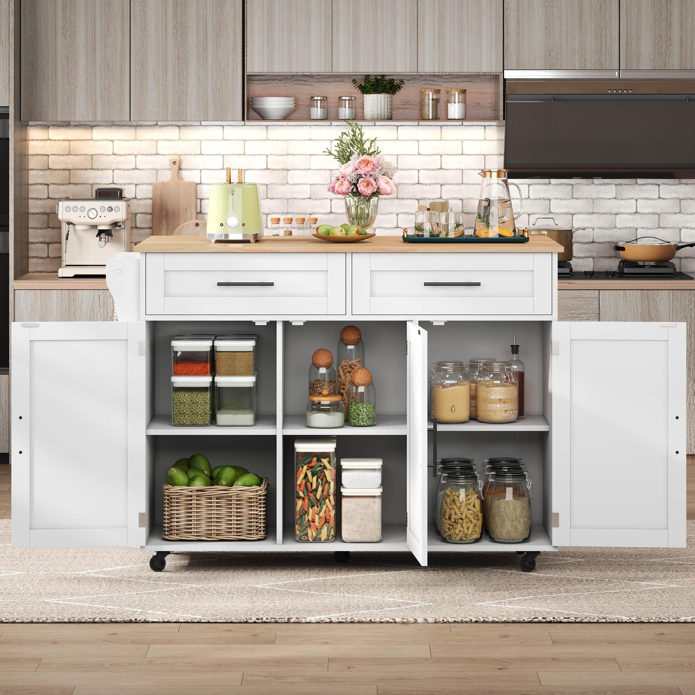 Modern Kitchen Trolley with 2 Drawers and Cabinets, Mobile Kitchen Island with Foldable Tabletop, 129L x 46W x 91.5H cm, White+Natural | Aosom UK