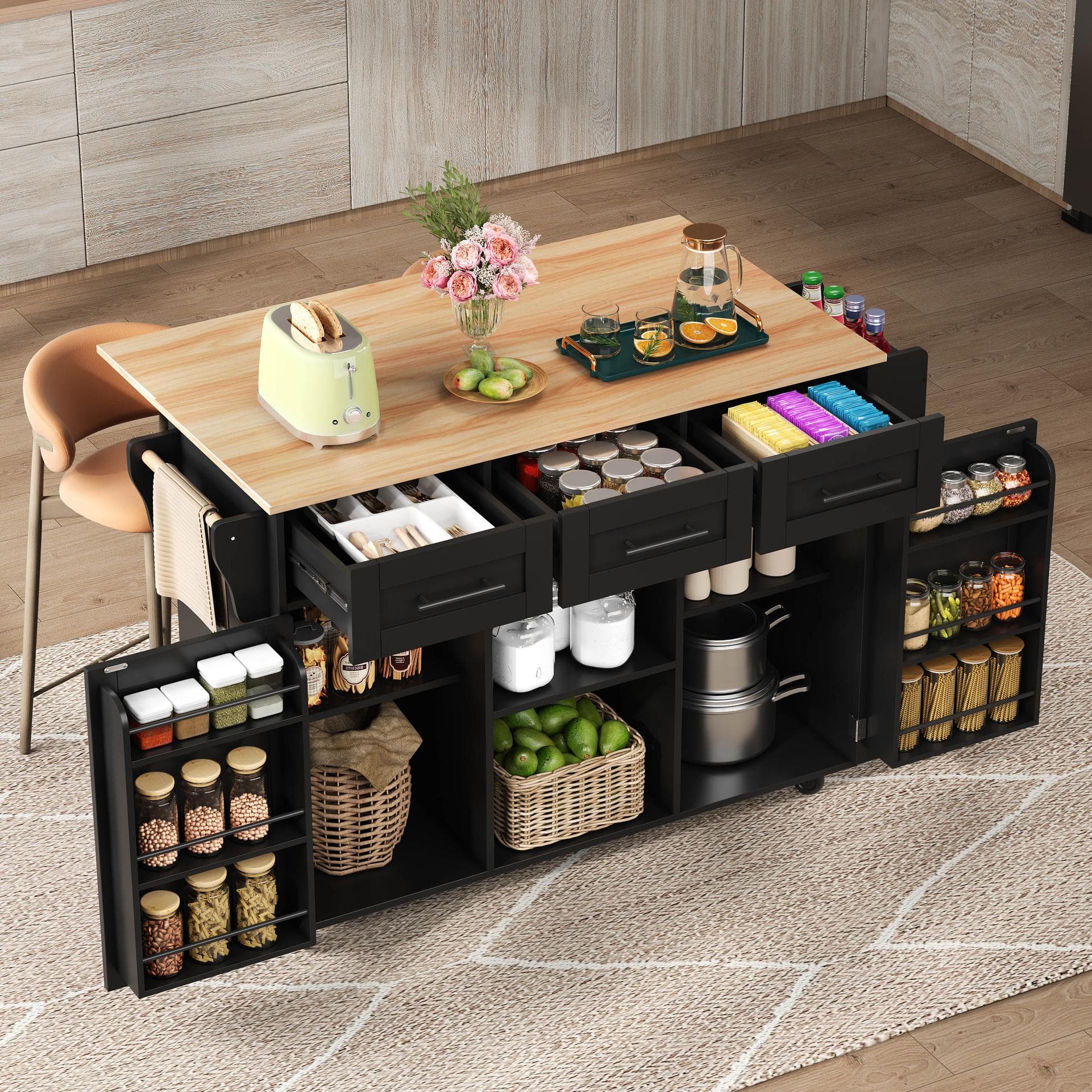 Stylish Kitchen Trolley with Foldable Countertop, Versatile Buffet with Interchangeable Wheels, 139L x 46W x 91H cm, Black+Natural | Aosom UK