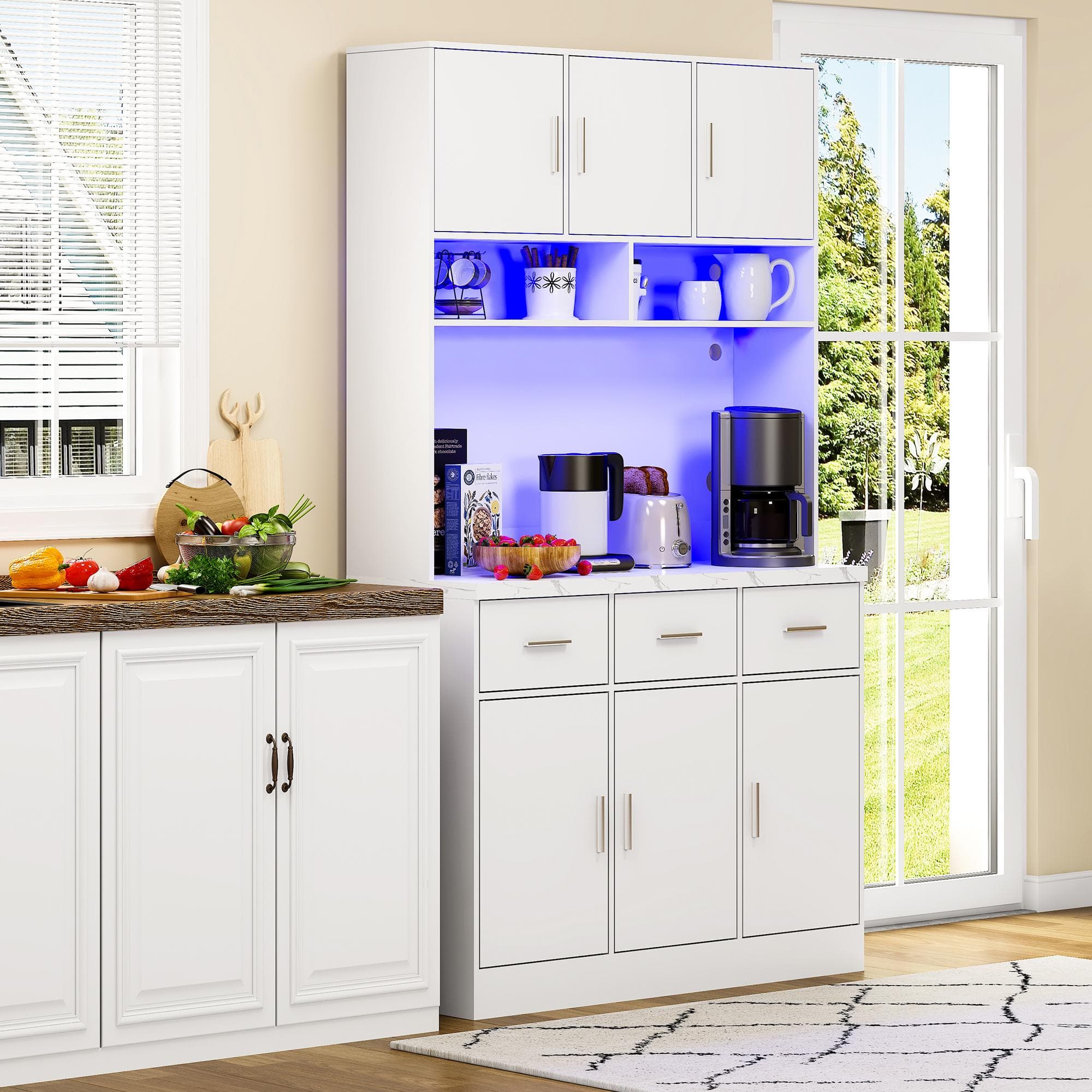 Stylish Tall Pantry Cabinet with App-Controlled LED, Spacious Larder Unit with Water-Resistant Worktop, 100L x 40W x 180H cm, White | Aosom UK