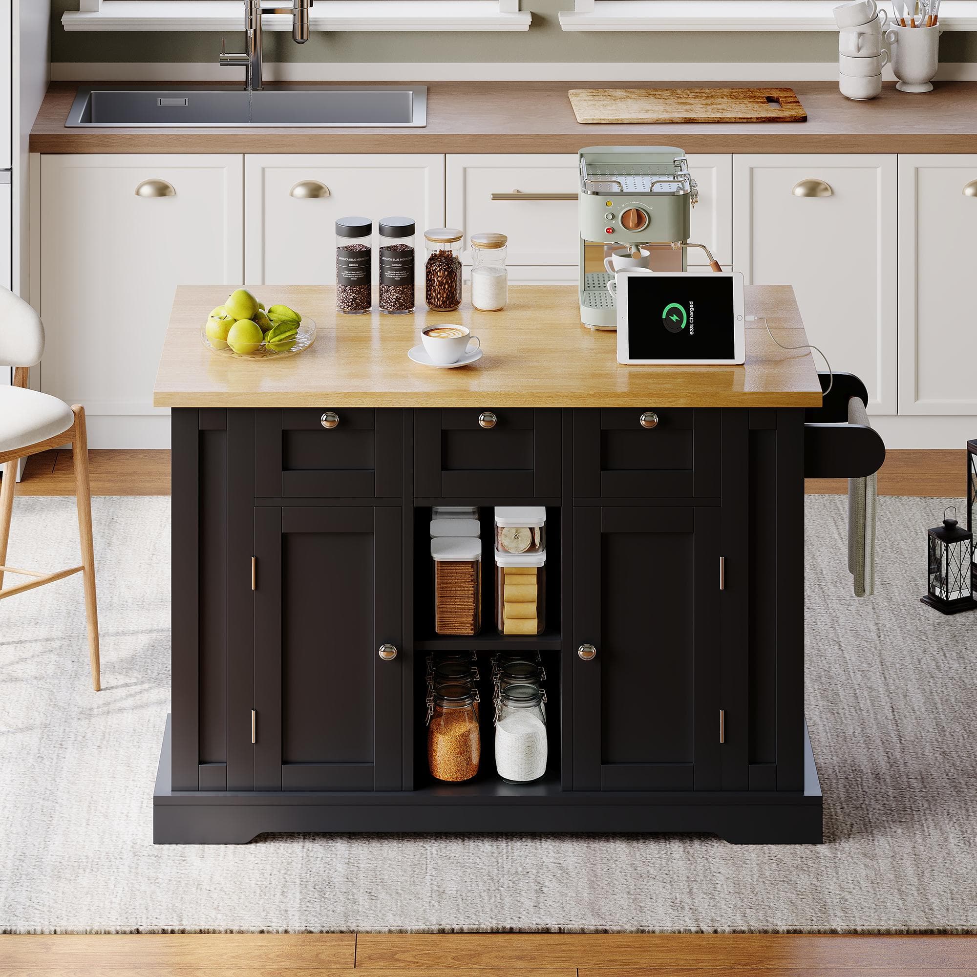 Versatile Kitchen Island with 3 Drawers and 2‑Door Cupboards, Practical Trolley with Extendable Worktop, 132L x 70W x 87H cm, Natural+Black | Aosom UK