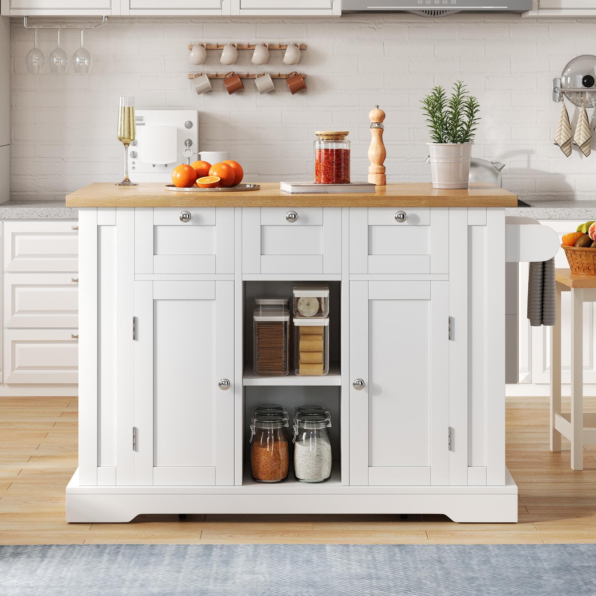 Versatile Kitchen Island with 3 Drawers and 2‑Door Cupboards, Practical Trolley with Extendable Worktop, 132L x 70W x 87H cm, White+Natural | Aosom UK