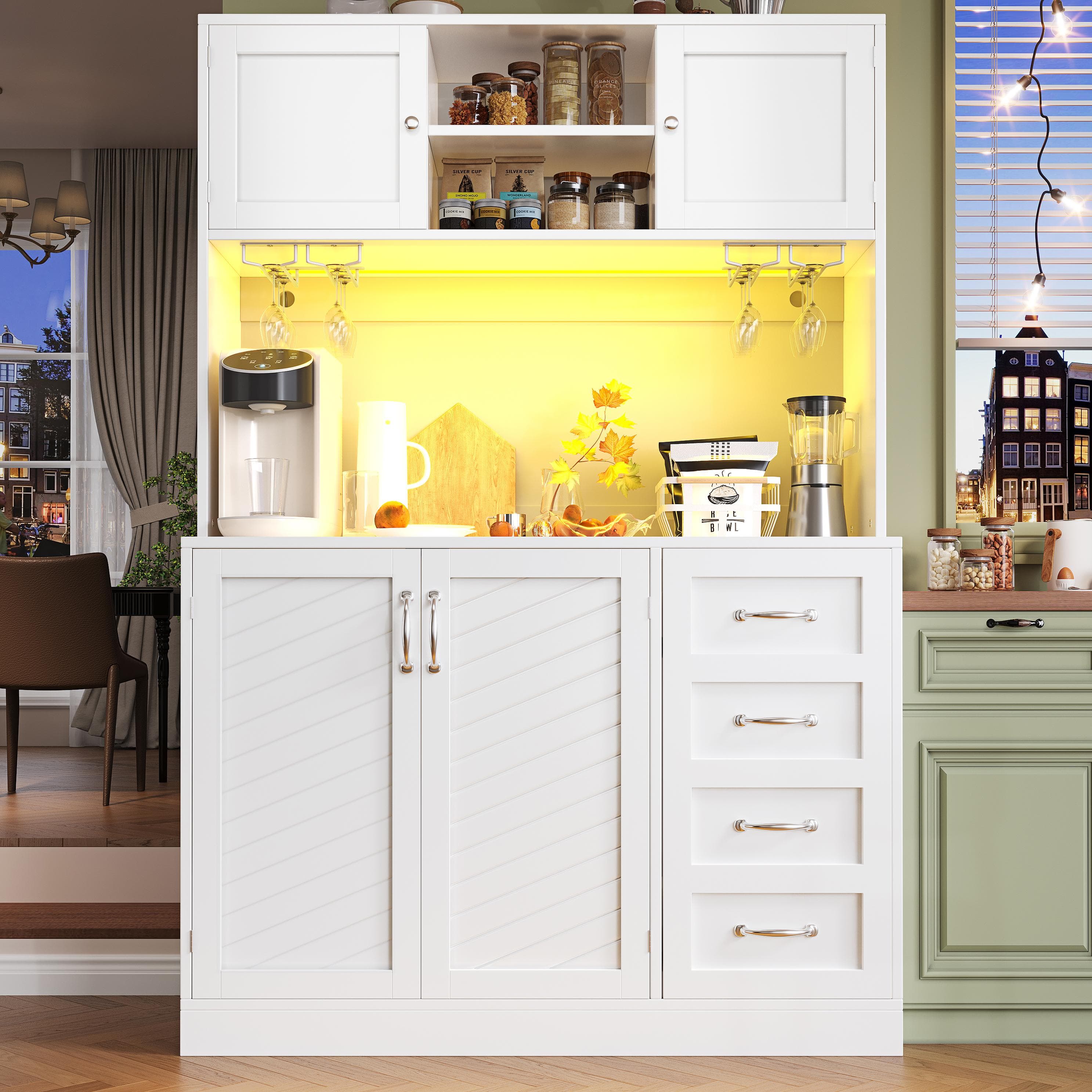 Trendy Sideboard with App-Controlled LED, Snack Rack and Drink Holders, Spacious Buffet with Anti-Tip Fixings, 120L x 40W x 188H cm, White | Aosom UK