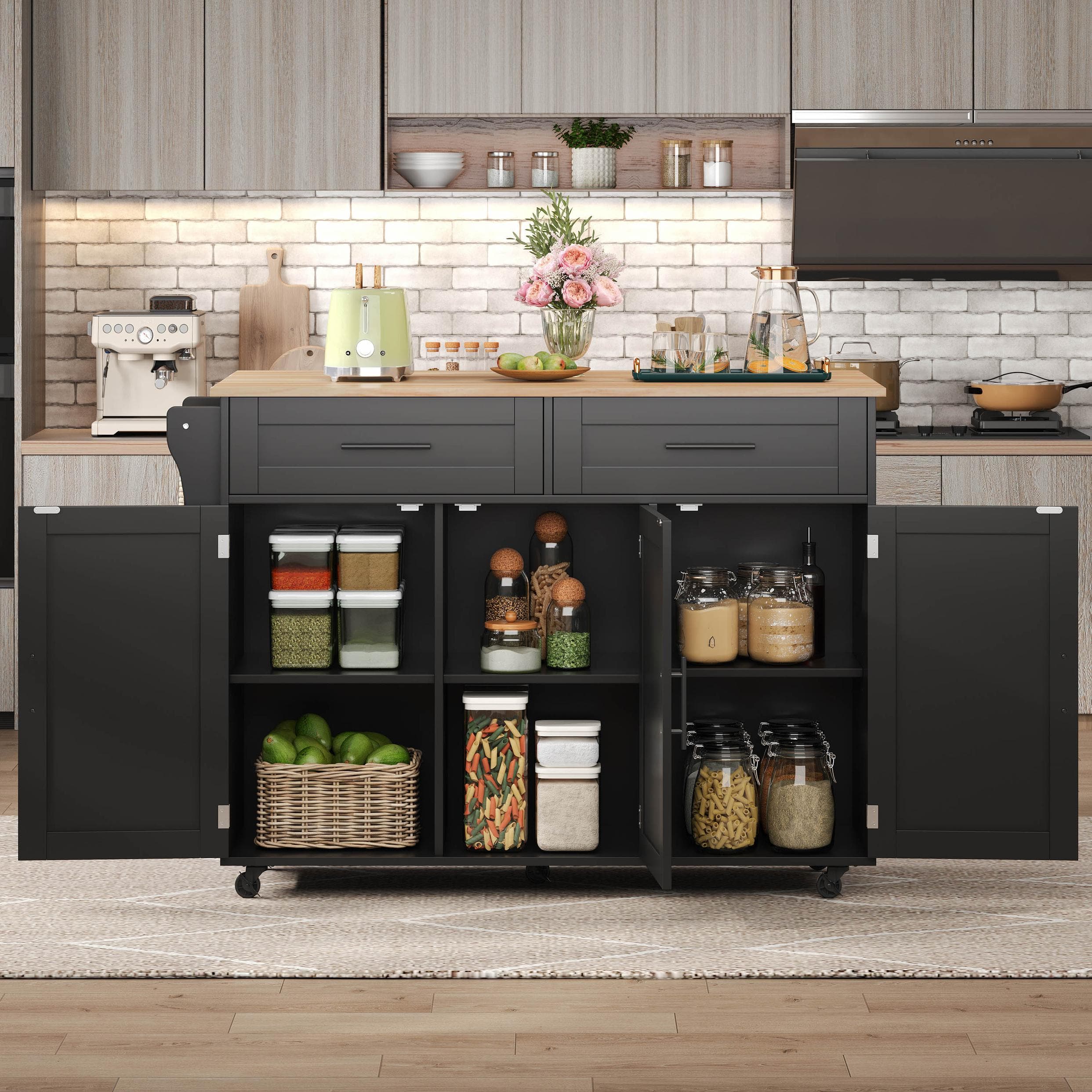 Sleek Kitchen Trolley with 2 Drawers and Cabinets, Mobile Kitchen Island with Foldable Tabletop, 129L x 46W x 91.5H cm, Black+Natural | Aosom UK