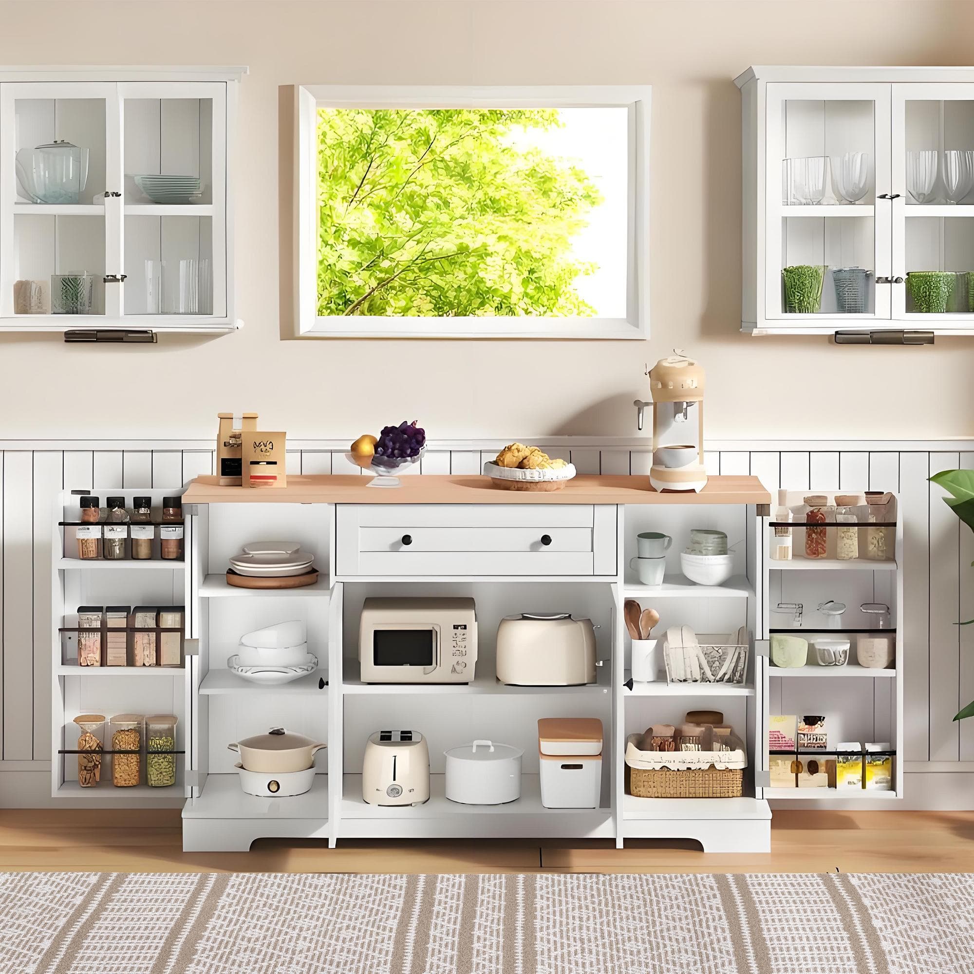 Practical Kitchen Sideboard with Double-Door Compartment, Spacious Cabinet with Adjustable Shelves, 138L x 40W x 85H cm, Natural+White | Aosom UK