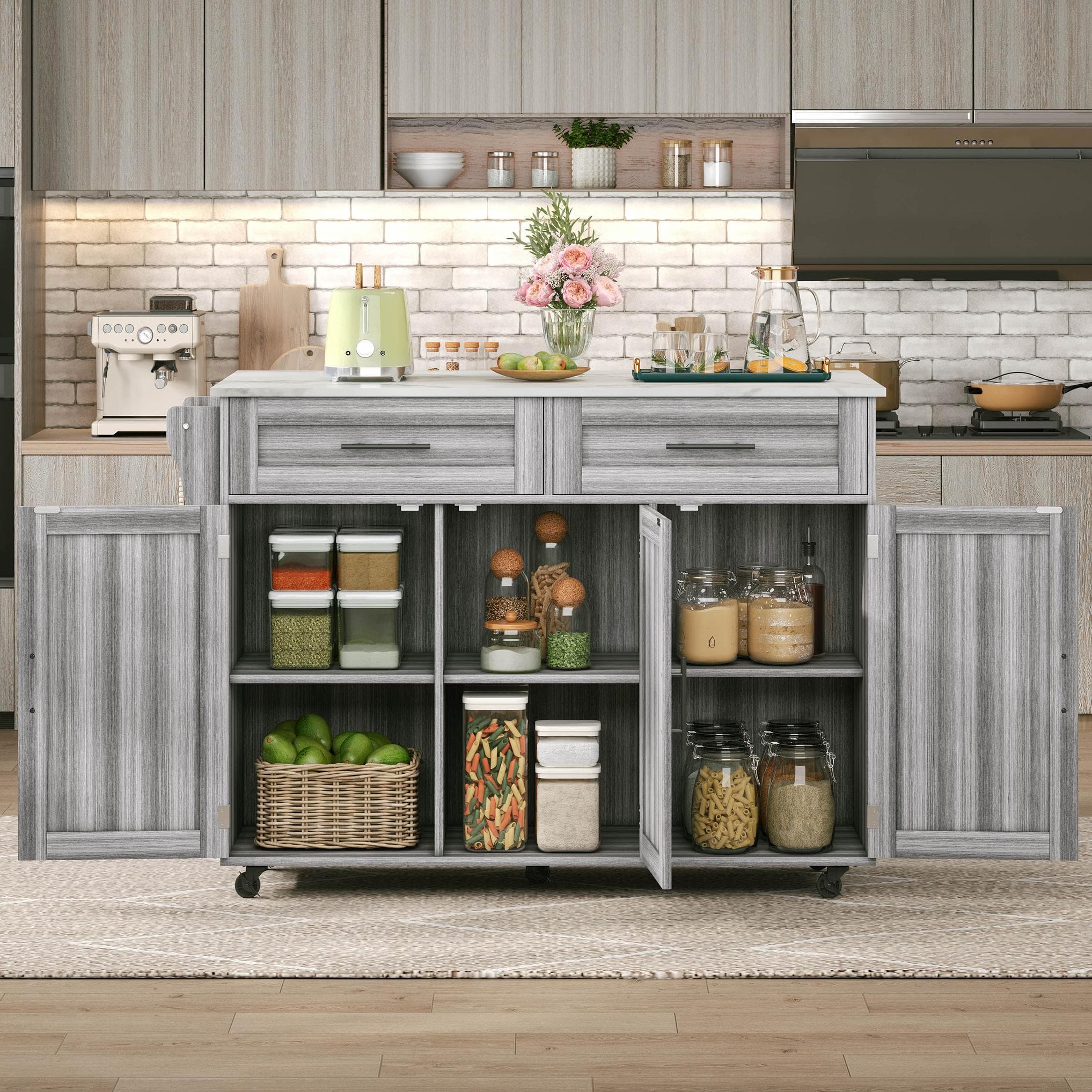 Sleek Kitchen Trolley with 2 Drawers and Foldable Tabletop, Mobile Kitchen Island with Wood Veneer, 129L x 46W x 91.5H cm, Grey+White | Aosom UK