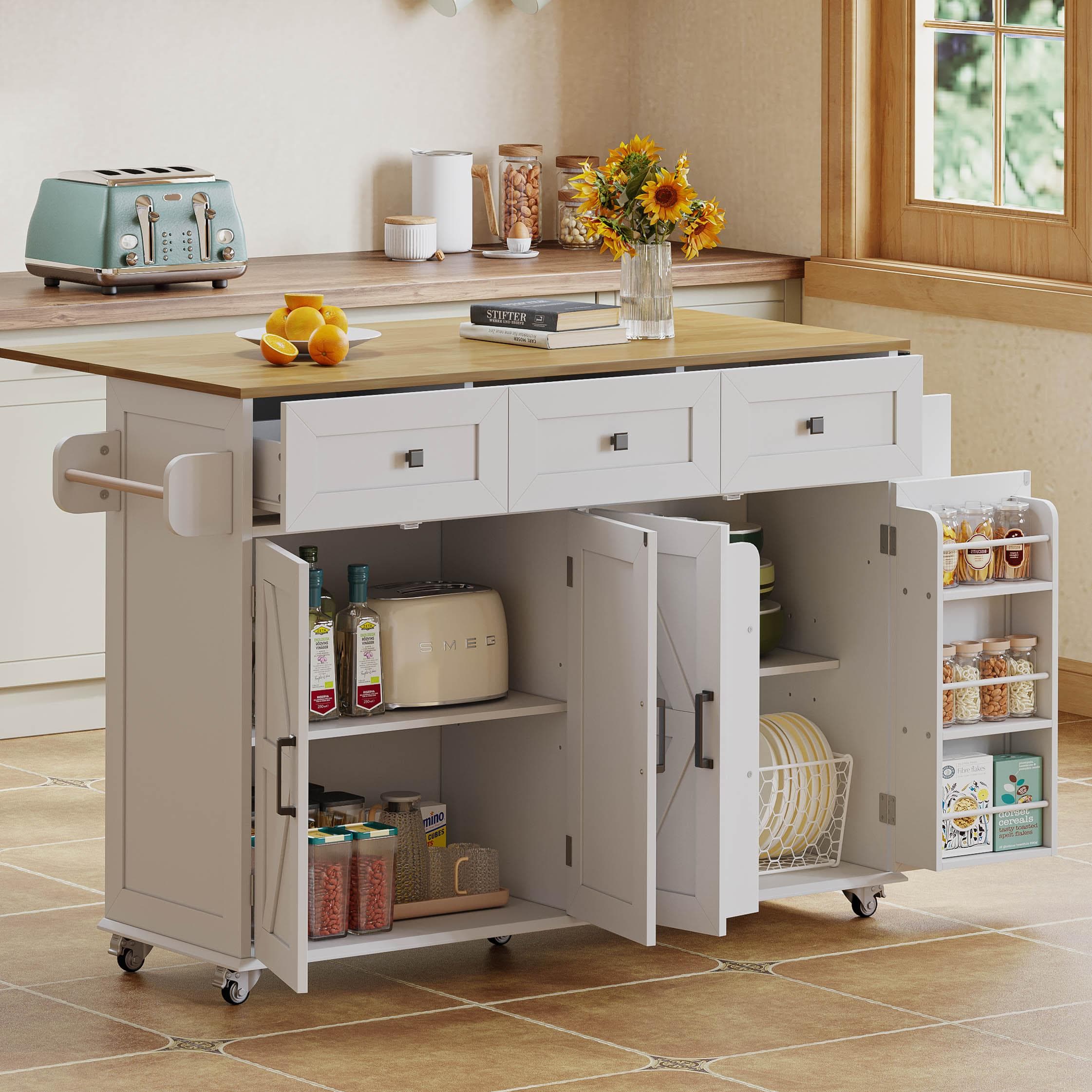 Practical Kitchen Island with 3 Drawers, Door-Mounted Shelf, Trendy Cart with Foldable Countertop, 140L x 70W x 90.5H cm, White+Natural | Aosom UK