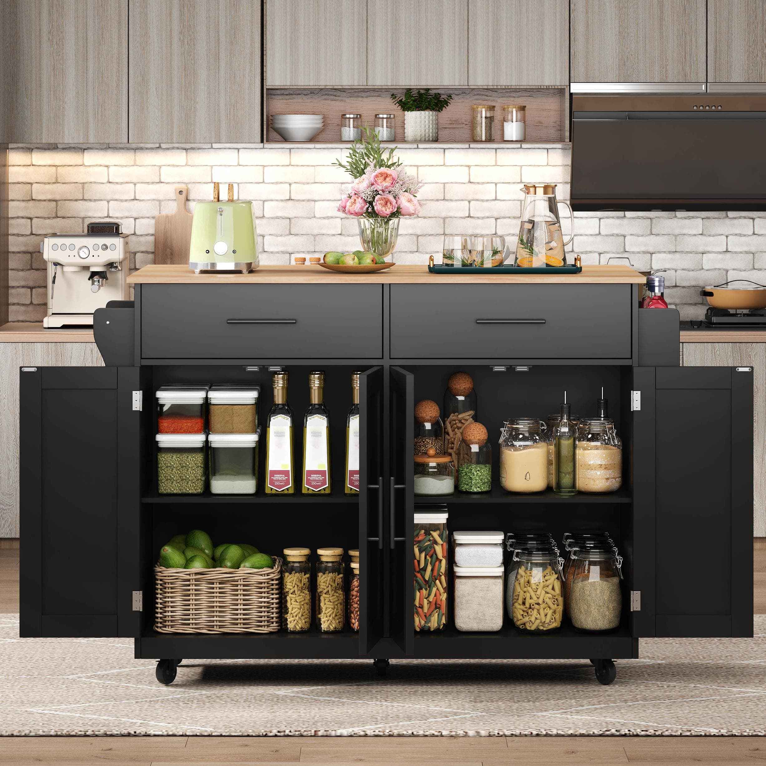 Contemporary Kitchen Storage Trolley with Foldable Dropleaf, Spacious Buffet with Towel Holders, 120L x 71W x 91.5H cm, Black+Natural | Aosom UK