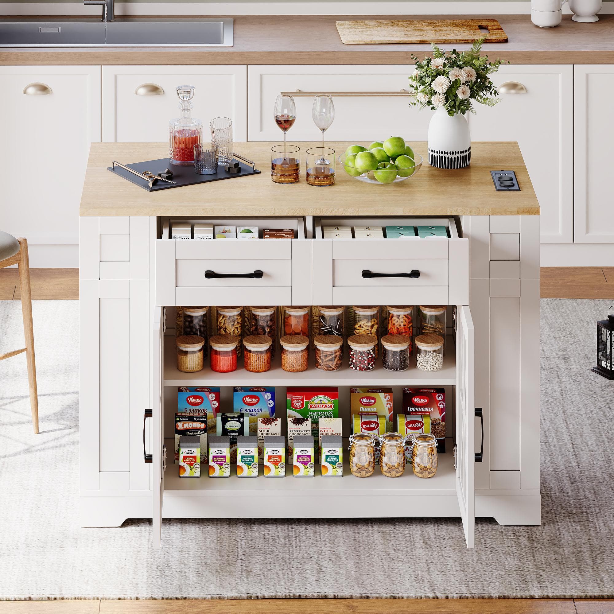 Mobile Kitchen Island with Foldable Tabletop and Sockets, Storage Buffet with Adjustable Shelves, 120L x 65W x 92H cm, White+Natural | Aosom UK