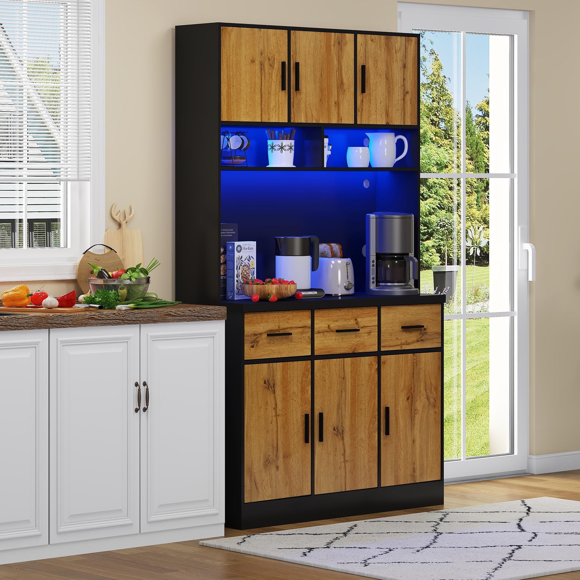 Stylish Tall Pantry Cabinet with App-Controlled LED, Spacious Larder Unit with Water-Resistant Worktop, 100L x 40W x 180H cm, Black+Natural | Aosom UK