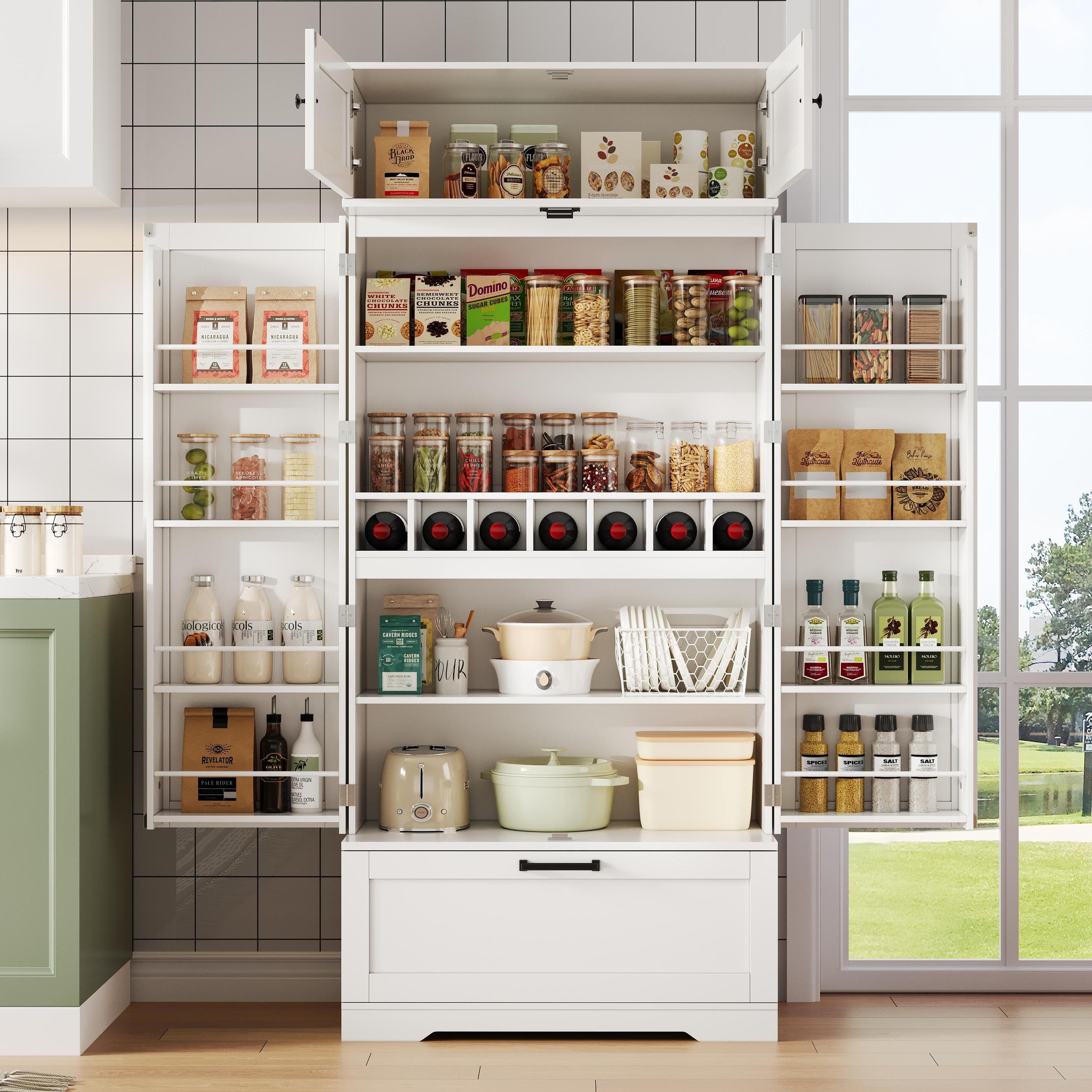 Spacious Kitchen Cabinet with a Drawer, 2 Adjustable Shelves, Multifunctional Pantry for Dining, Living Areas, 80L x 40W x 180H cm, White | Aosom UK