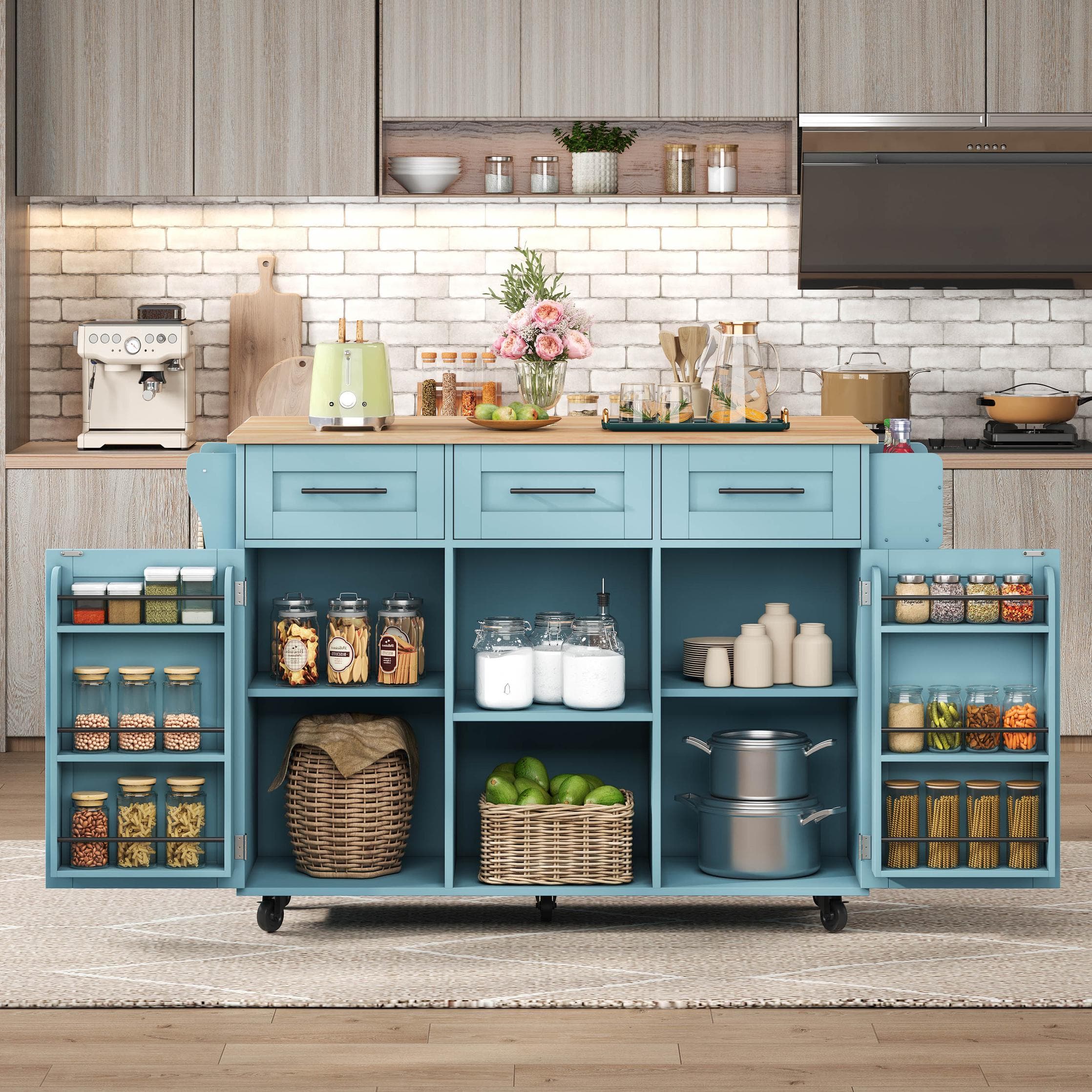 Stylish Kitchen Trolley with Foldable Wood-Grain Countertop, Versatile Buffet with Interchangeable Wheels, 139L x 46W x 91H cm, Blue | Aosom UK