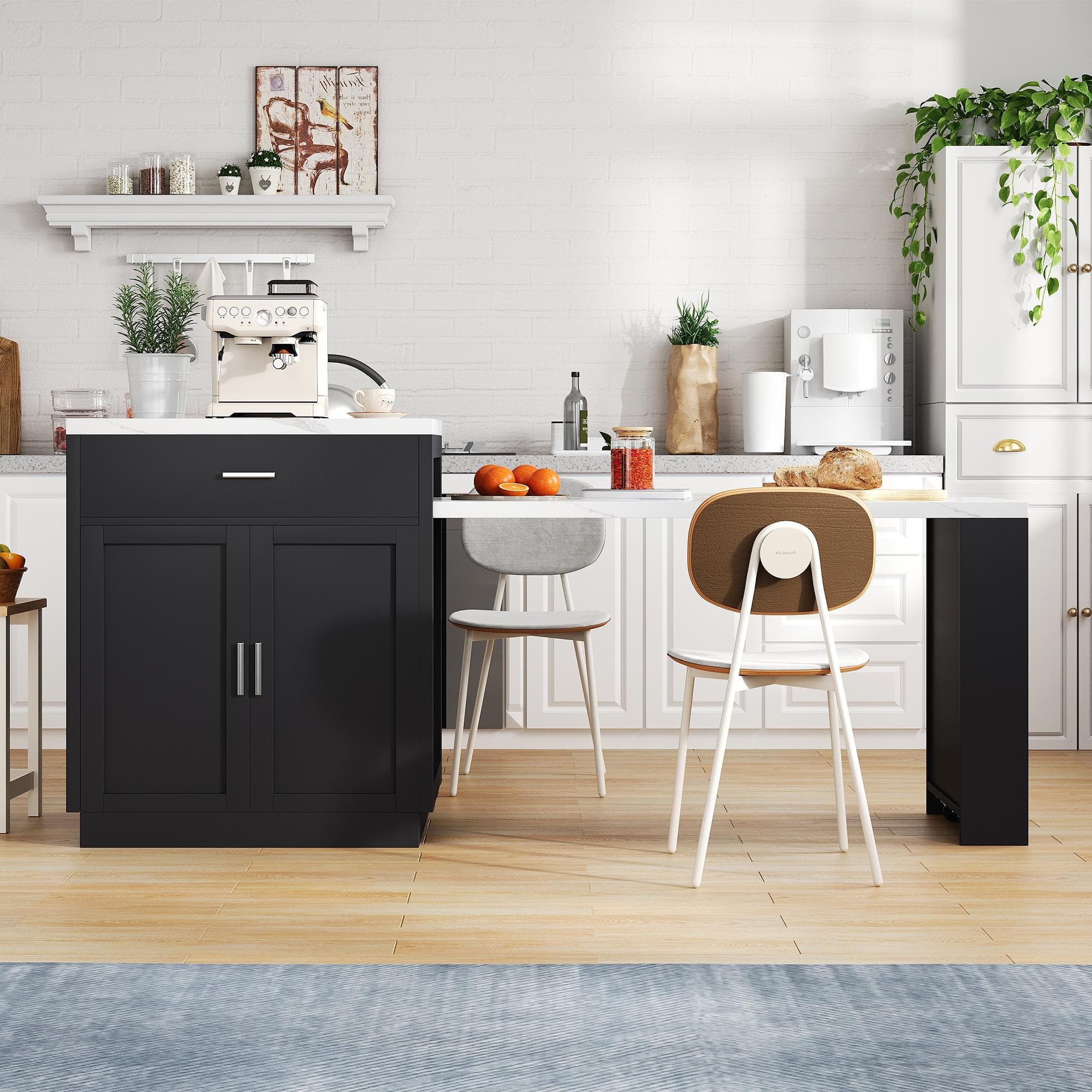 Versatile Kitchen Island with Extendable Dining Table and Adjustable Shelf, Space-Saving Table for 2-6 People, 211L x 55W x 89.5H cm, Black | Aosom UK