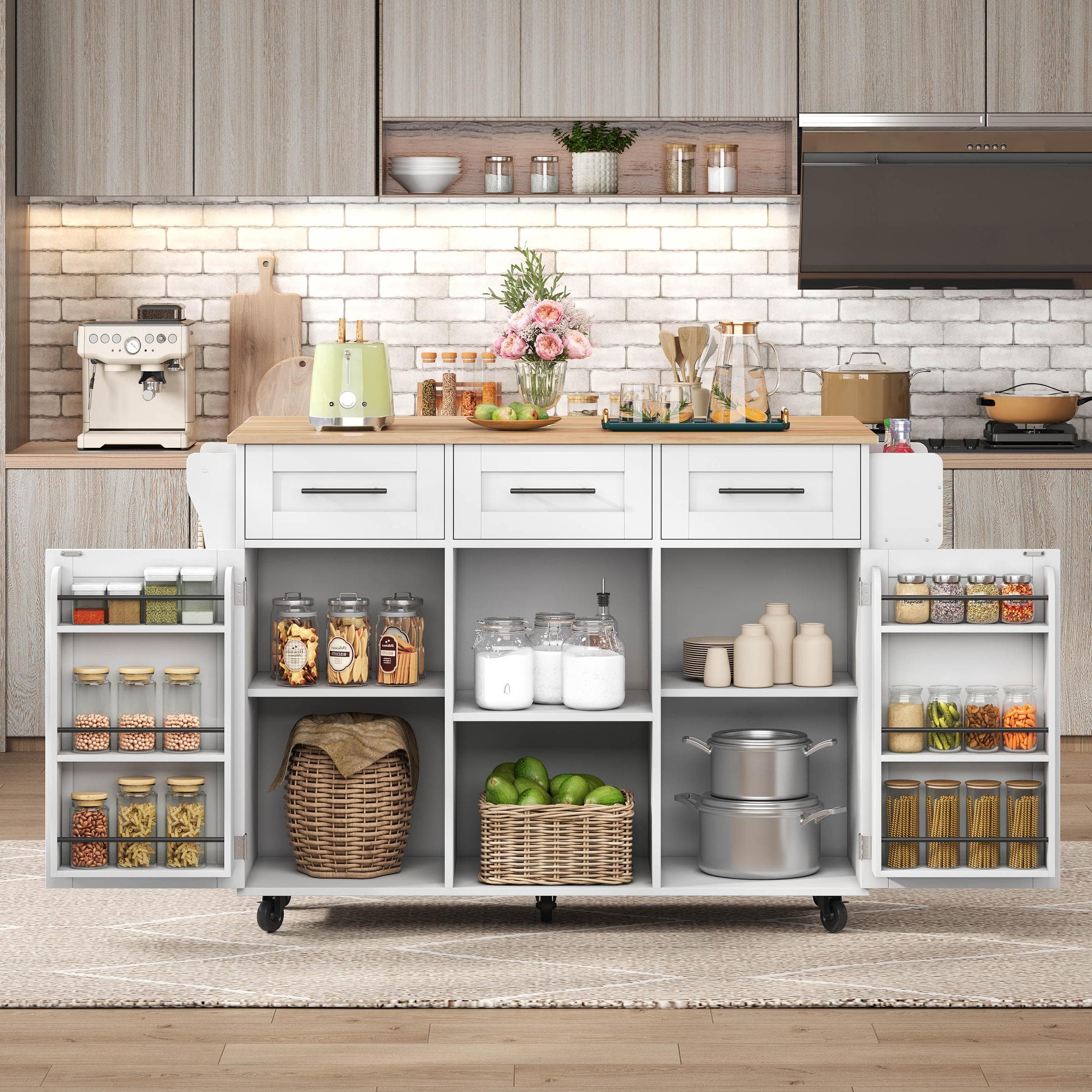 Stylish Kitchen Trolley with Foldable Wood-Grain Countertop, Versatile Buffet with Interchangeable Wheels, 139L x 46W x 91H cm, White | Aosom UK