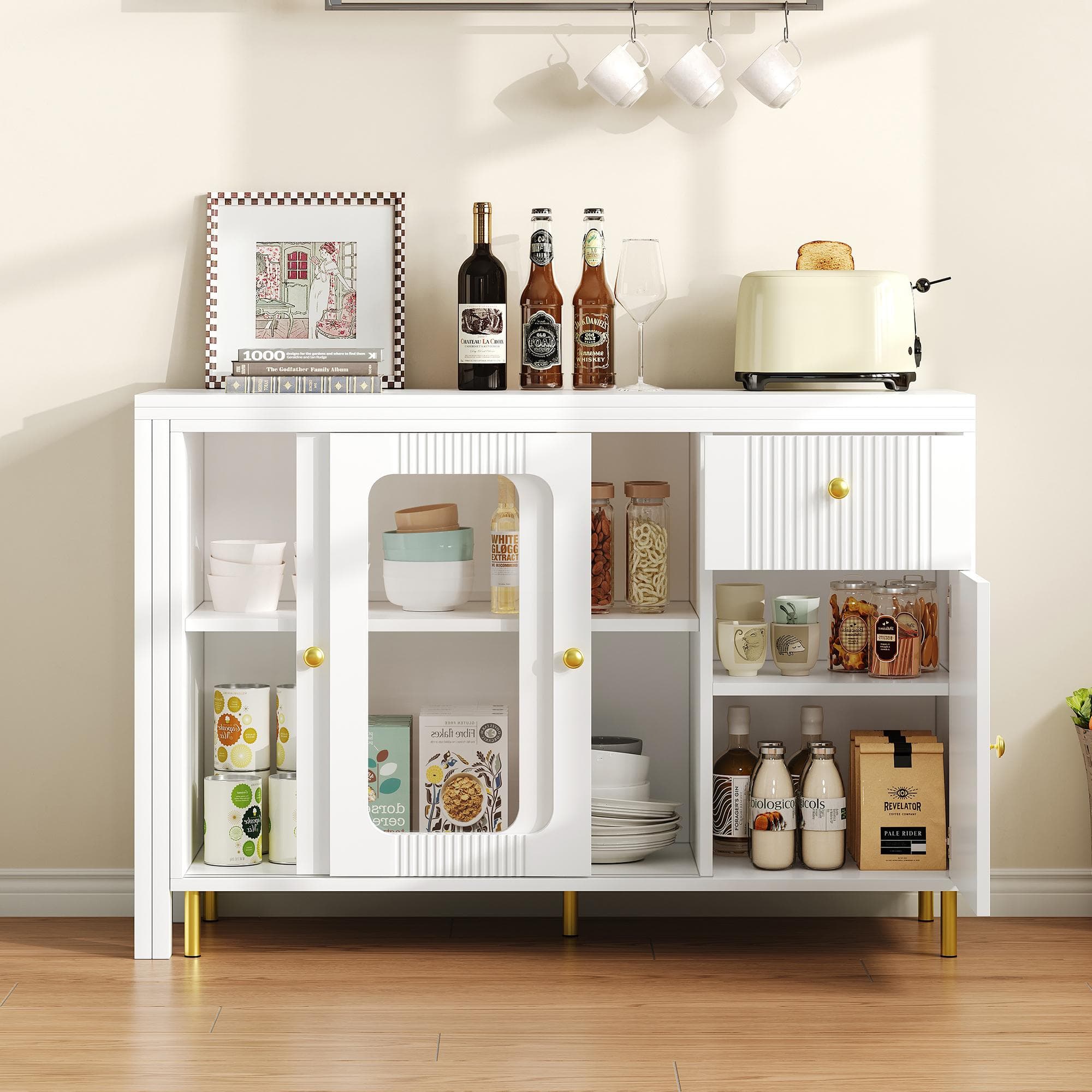 Multifunctional Bar Cabinet with Rotating Extendable Tabletop, Space-Saving Sideboard with Sliding Doors, 122L x 40W x 82H cm, White | Aosom UK