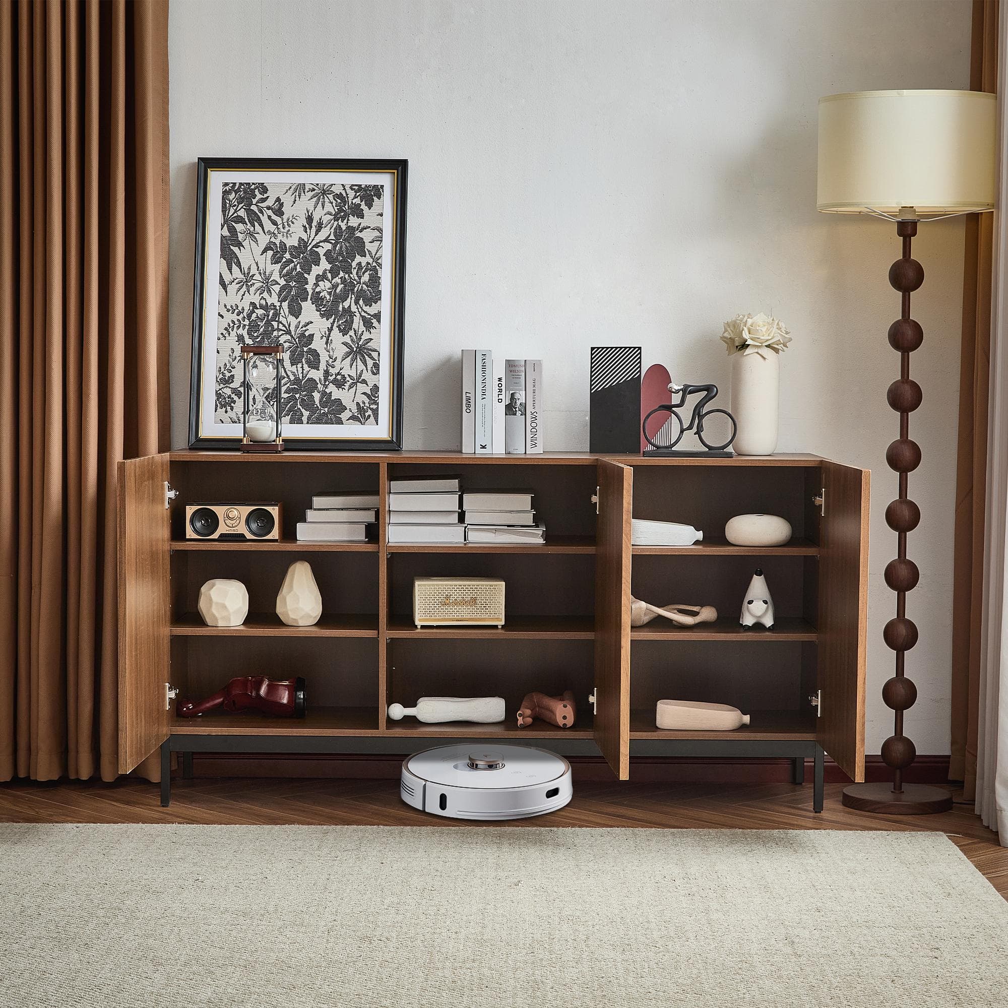 Mid-Century Sideboard with 3D Wave Design and Steel Legs, Versatile Cabinet with 3 Doors, Adjustable Shelves, 150L x 40W x 80H cm, Natural | Aosom UK