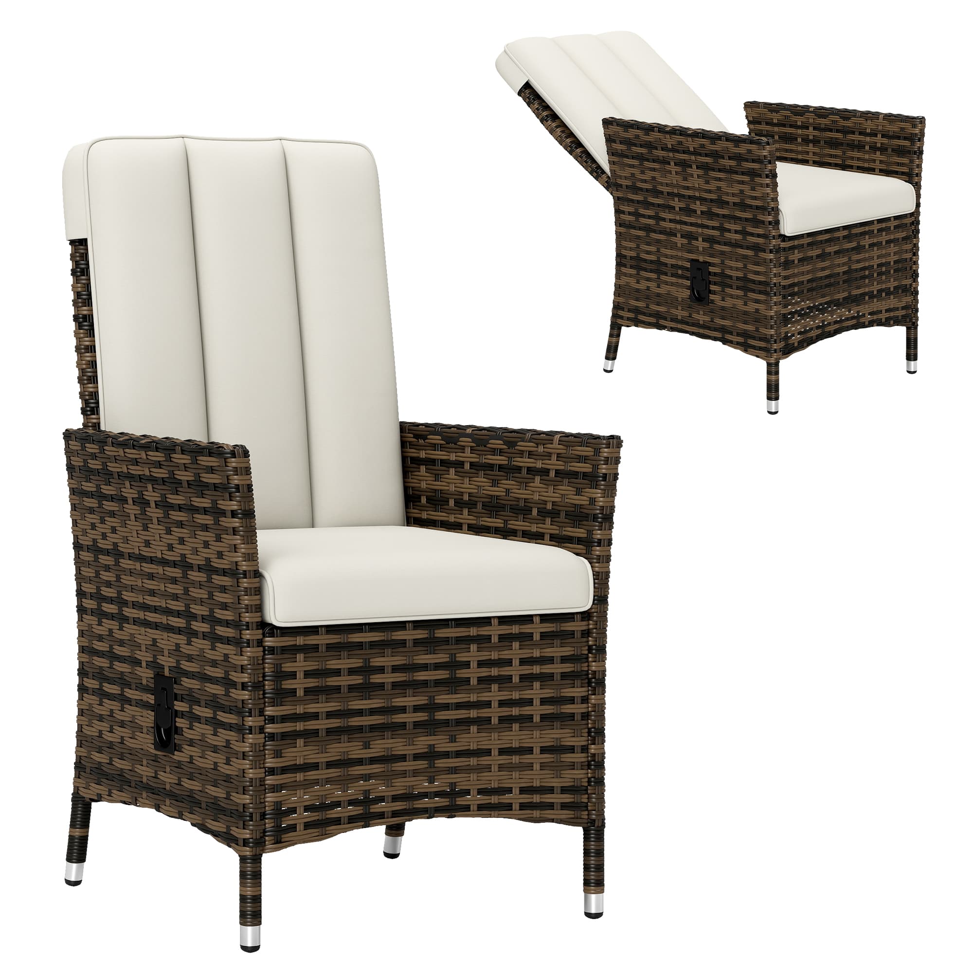 Outsunny Rattan Garden Recliner Chair, Wicker Reclining Armchair with Adjustable Backrest and Cushion, Outdoor Lounge Sun Lounger with Armrests for Patio Balcony Porch, Cream White
