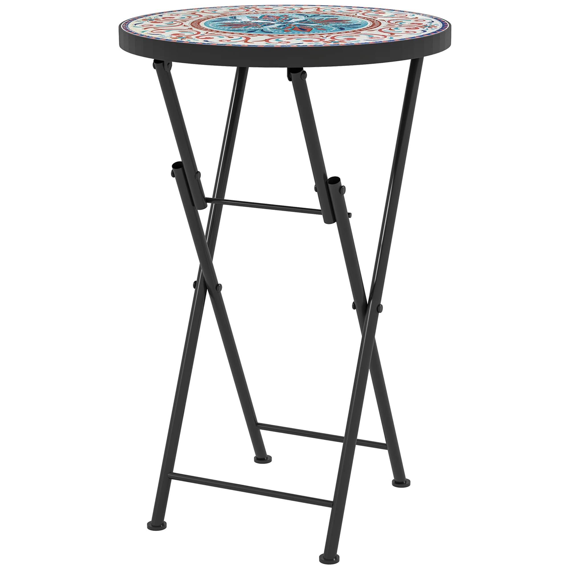 Outsunny Mosaic Outdoor Garden Table, 35.5cm Round Folding Coffee Table with Metal Frame for Balcony Terrace, Multicolour