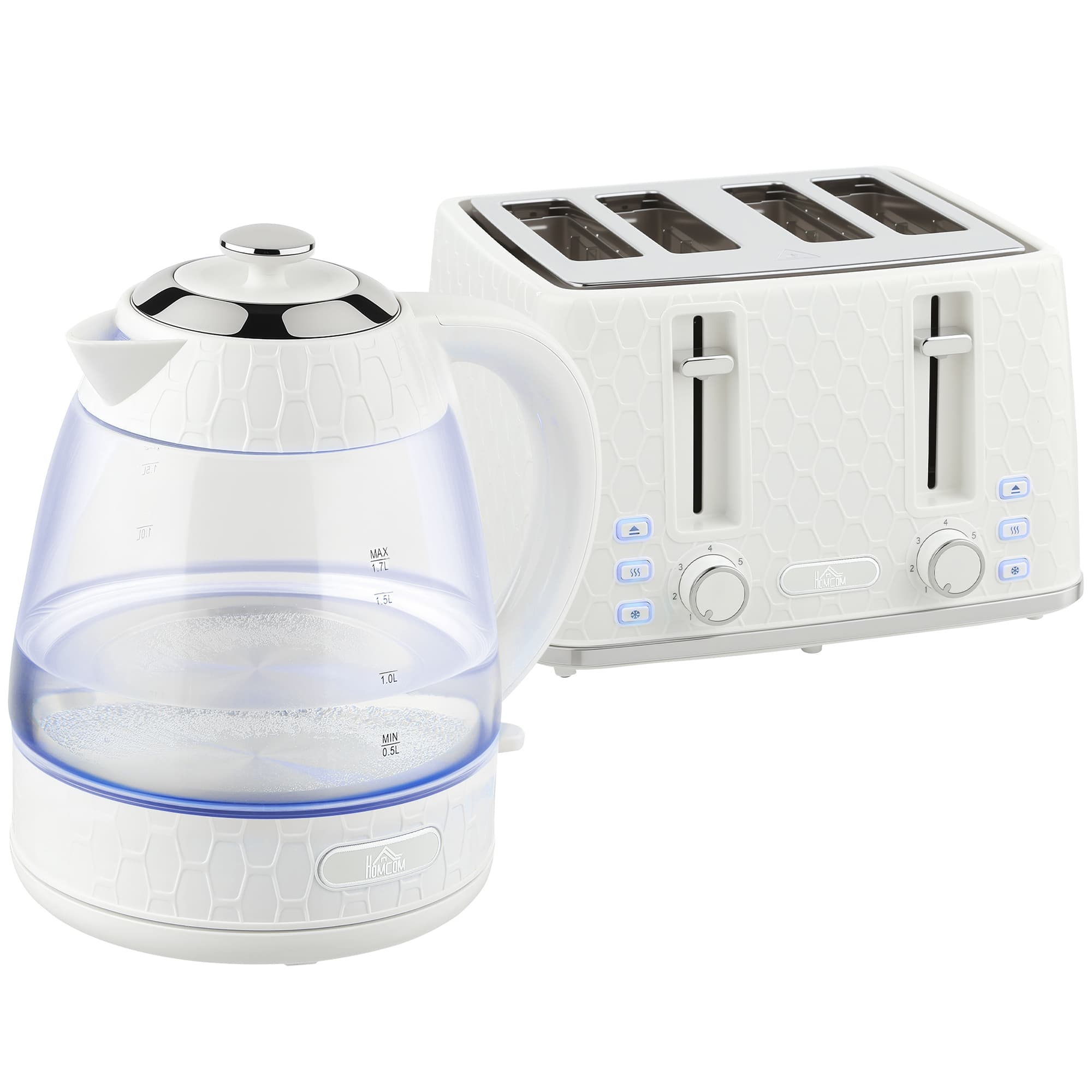 HOMCOM Kettle and Toaster Set, 1.7L 3000W Rapid Kettle with Strix Thermostat, 4 Slice Toaster with 7 Browning Controls, Cream