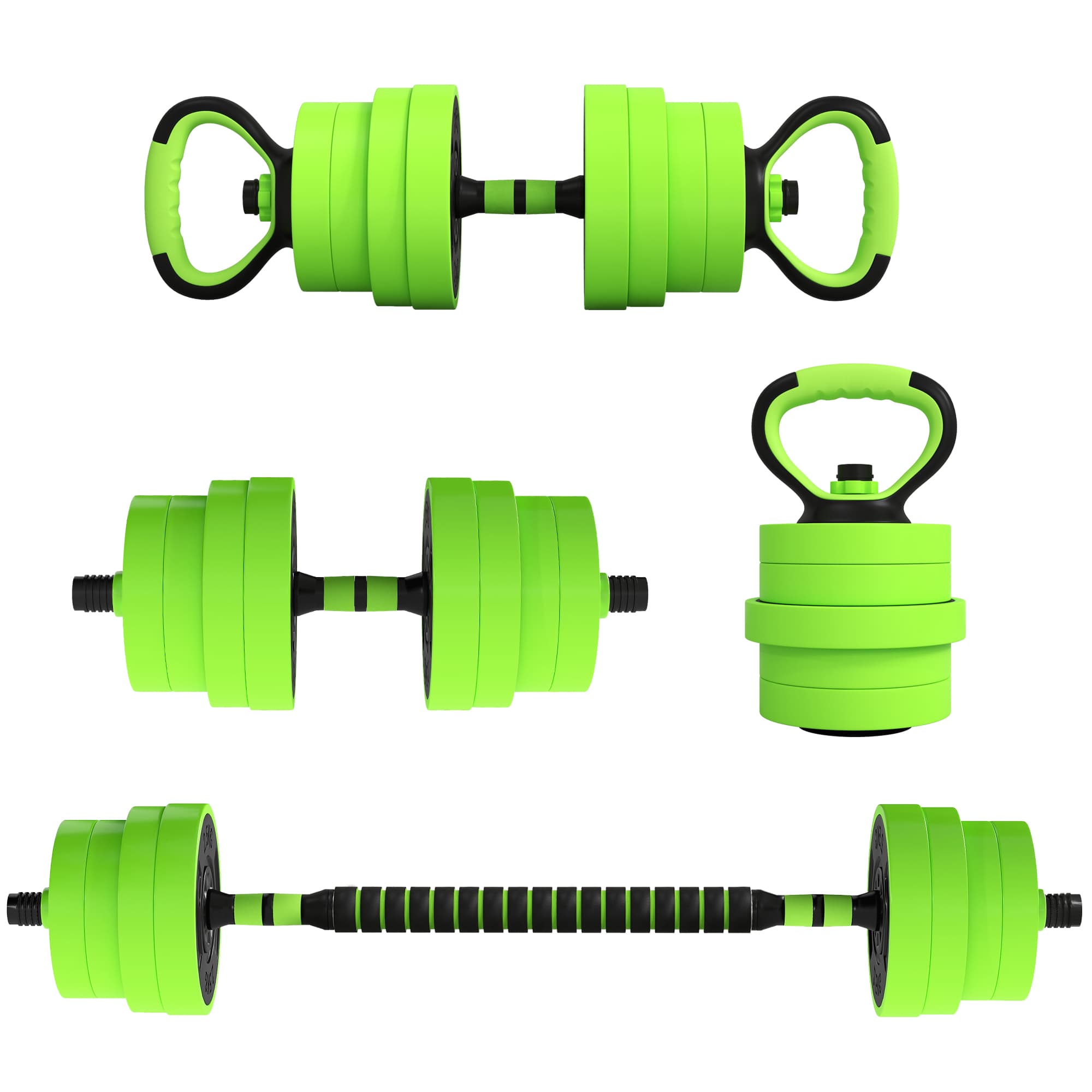 SPORTNOW 30kg Four-In-One Adjustable Weight Dumbbells Set, Barbell, Kettlebell, Push Up Stand - Green | Aosom UK