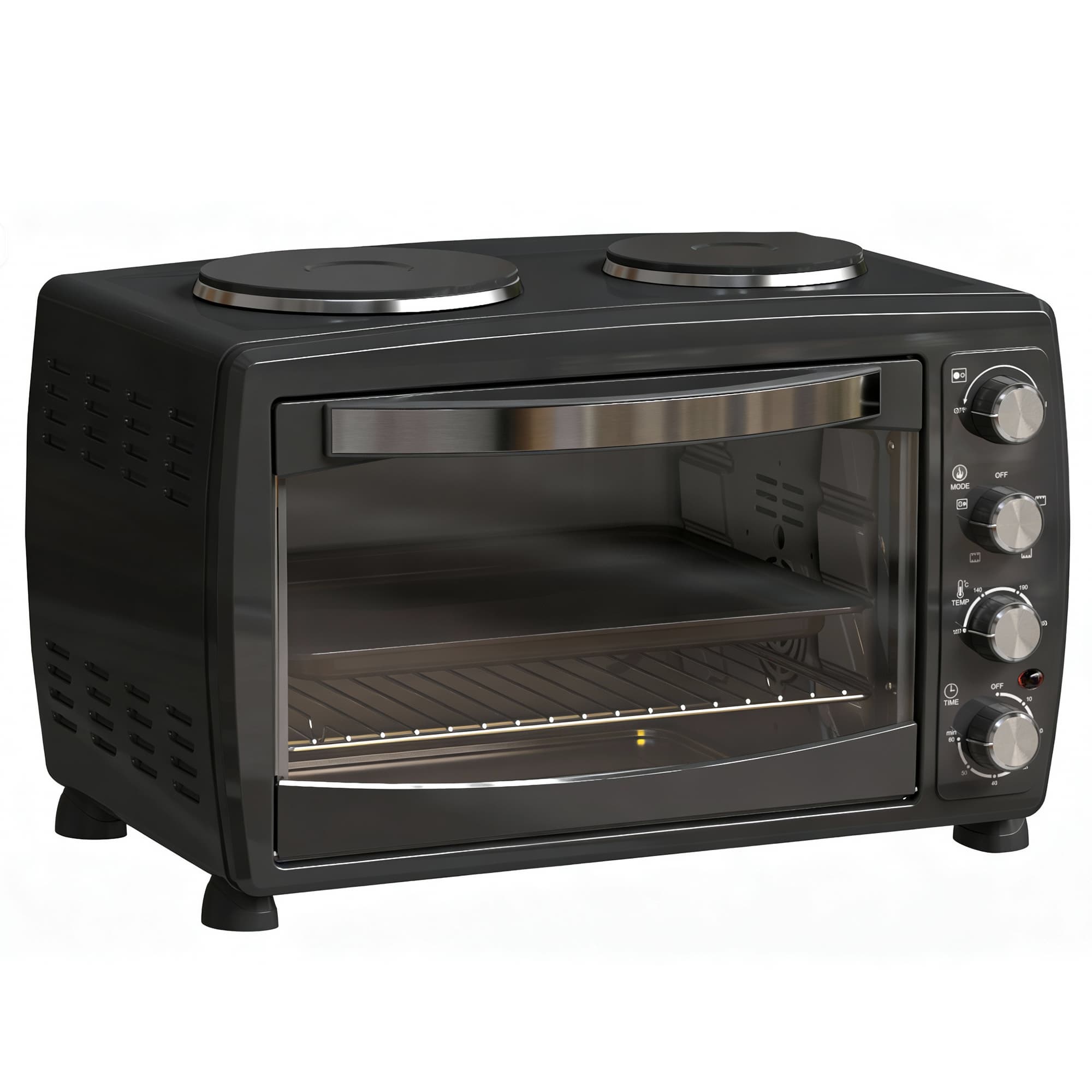 HOMCOM 36L Small Oven with 2 Hot Plates, Countertop Toaster Oven, Grill, Roast, Bake, Boil, with Timer, Adjustable Temperature, 2600W, Black