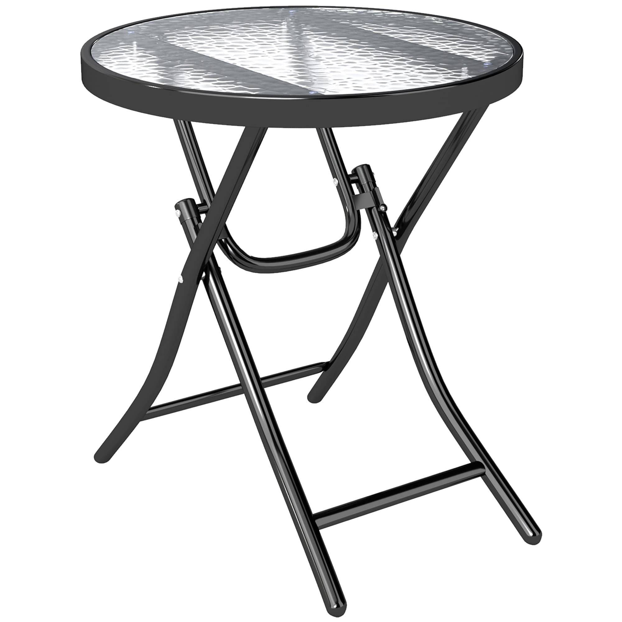 Outsunny Folding Garden Table: Portable Round Glass-Top with Safety Buckle, Indoor & Outdoor Use, Jet Black | Aosom UK