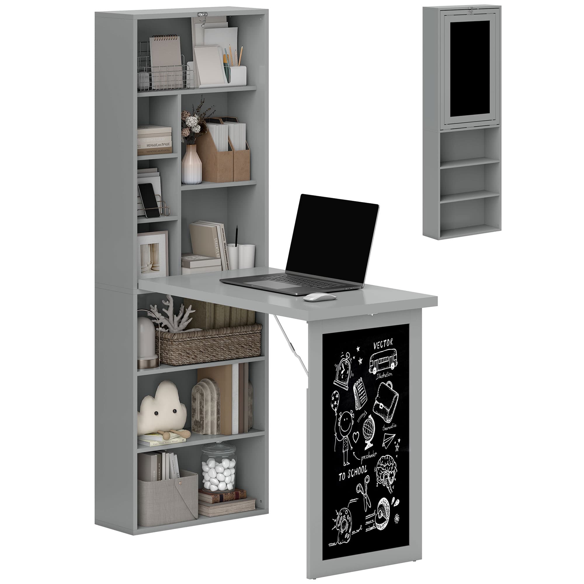 HOMCOM Fold-out Convertible Writing Desk Wall Mount Cabinet with Blackboard and Side Shelf Multi-Function Home Office Workstation, Grey | Aosom UK