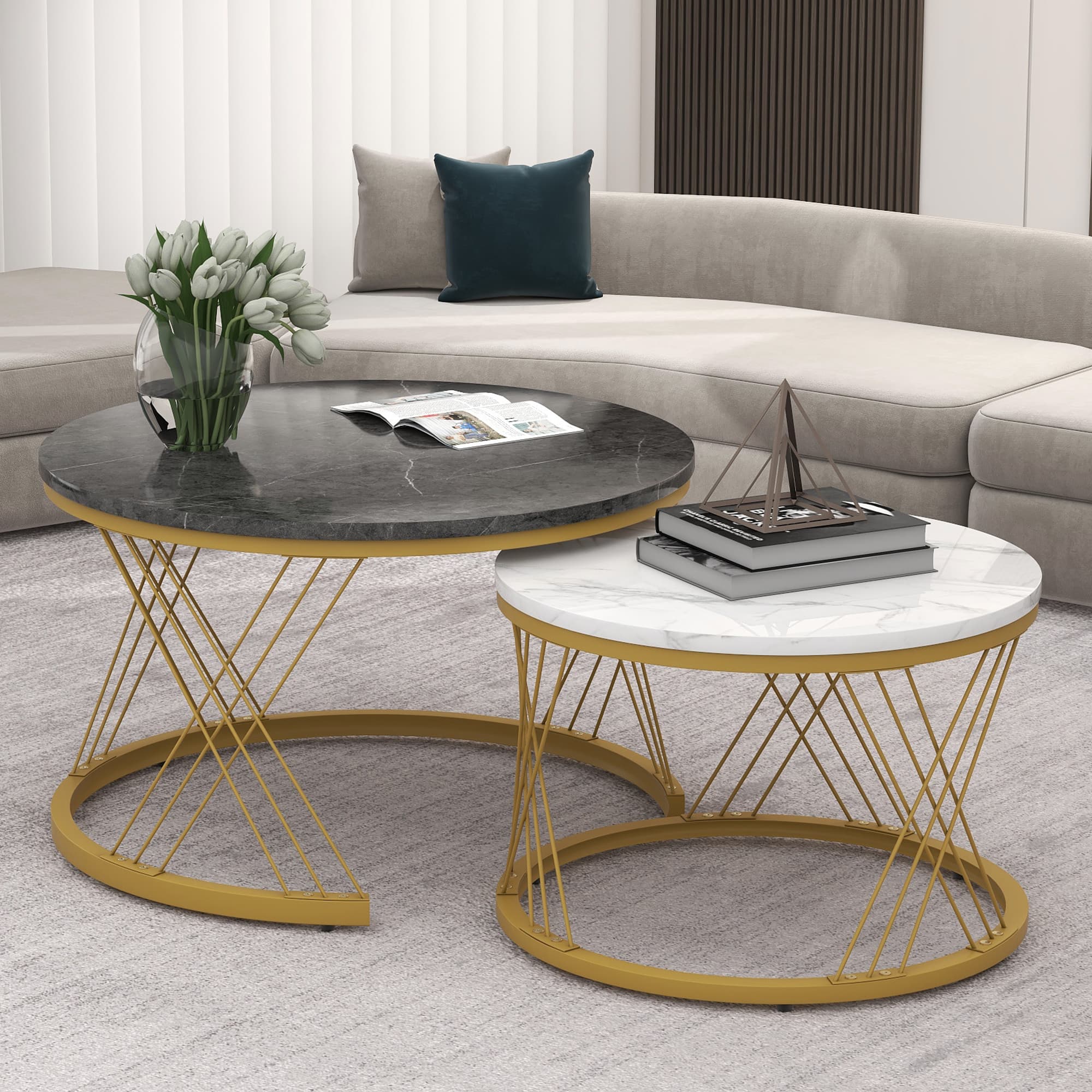 Set of 2 Modern Nesting Marble Coffee Tables with Metal Frame, Round Side Tables for Living Room, Bedroom, Study, 70x70x45 cm, Grey | Aosom.UK