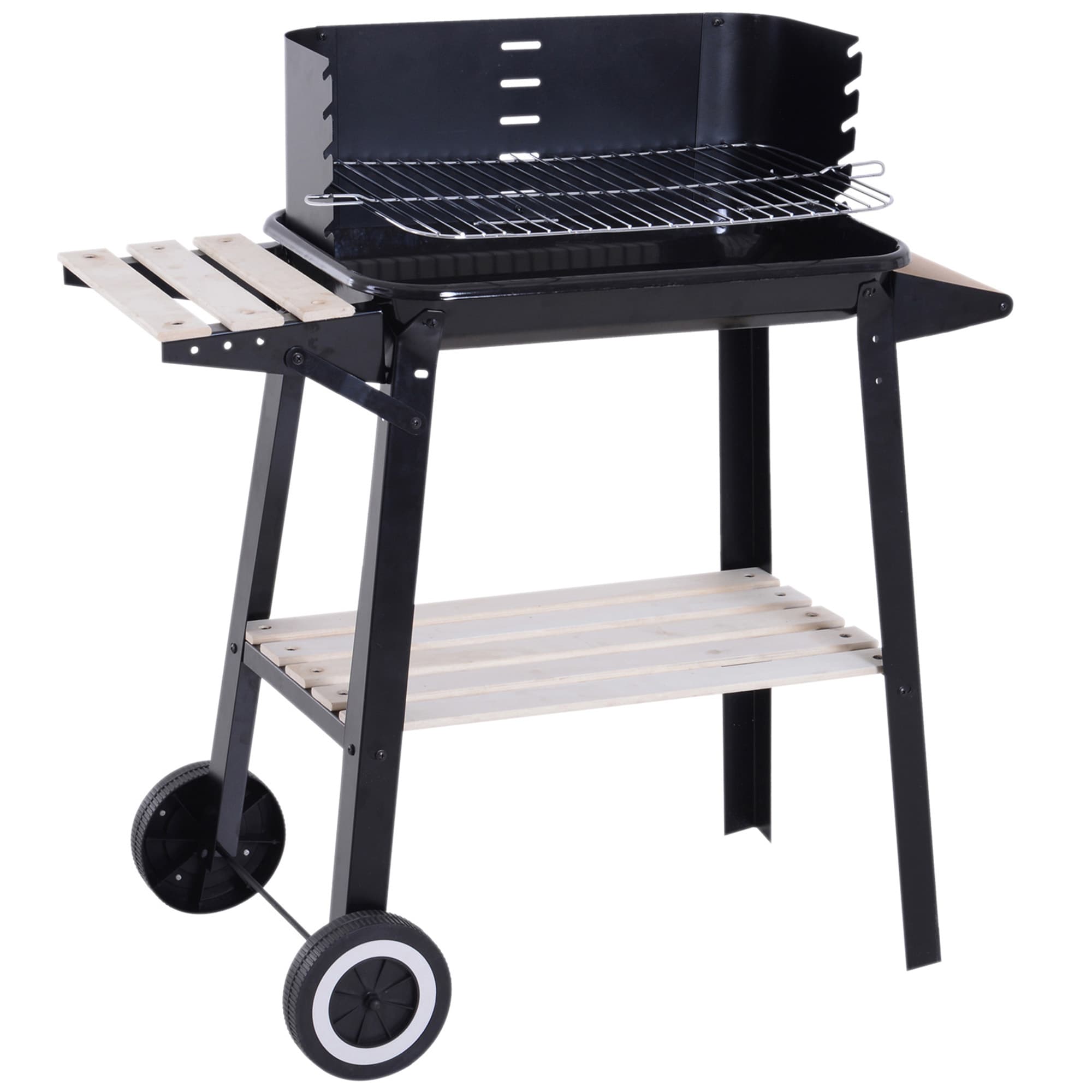 Outsunny BBQ Grill Trolley Charcoal BBQ Barbecue Grill Outdoor Patio Garden Heating Smoker with Side Trays Storage Shelf and Wheels