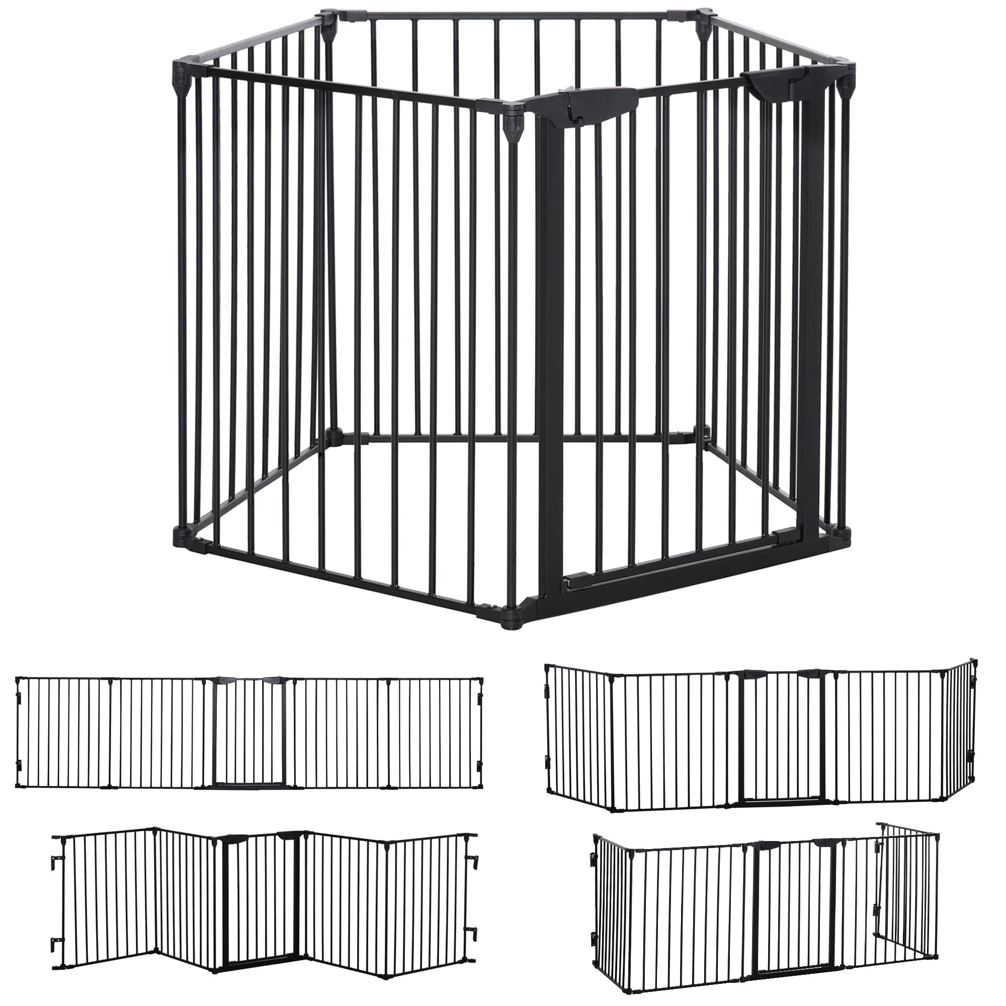 PawHut Stair Gate Dog Pens Pet PlayPen 5-Panel Freestanding Fireplace Christmas Tree Metal Fence Stair Barrier Room Divider w/ Door | Aosom UK
