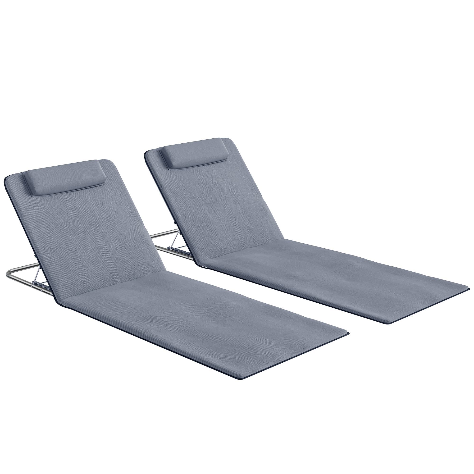 Outsunny Set of 2 Foldable Garden Beach Chair Mat Lightweight Outdoor Sun Lounger Seats Adjustable Back Metal Frame PE Fabric Head Pillow, Grey