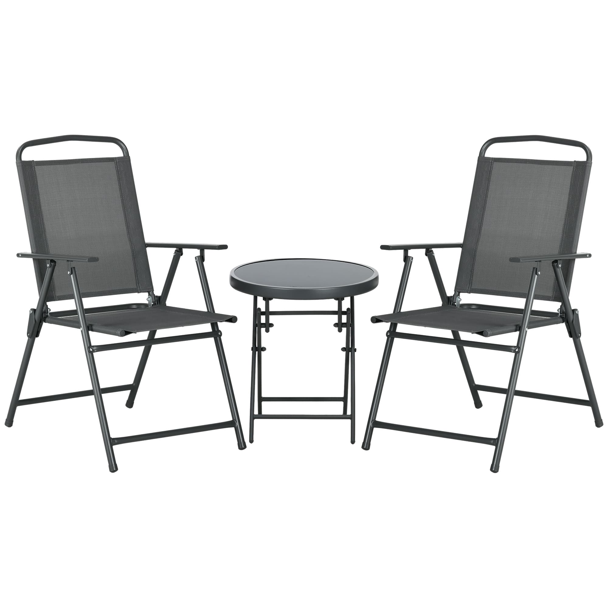 Outsunny 3 Pcs Garden Table and Chairs, Outdoor Bistro Set, Patio Conversation Furniture Set w/ Foldable Armchairs & Glass Top Coffee Table, Dark Grey