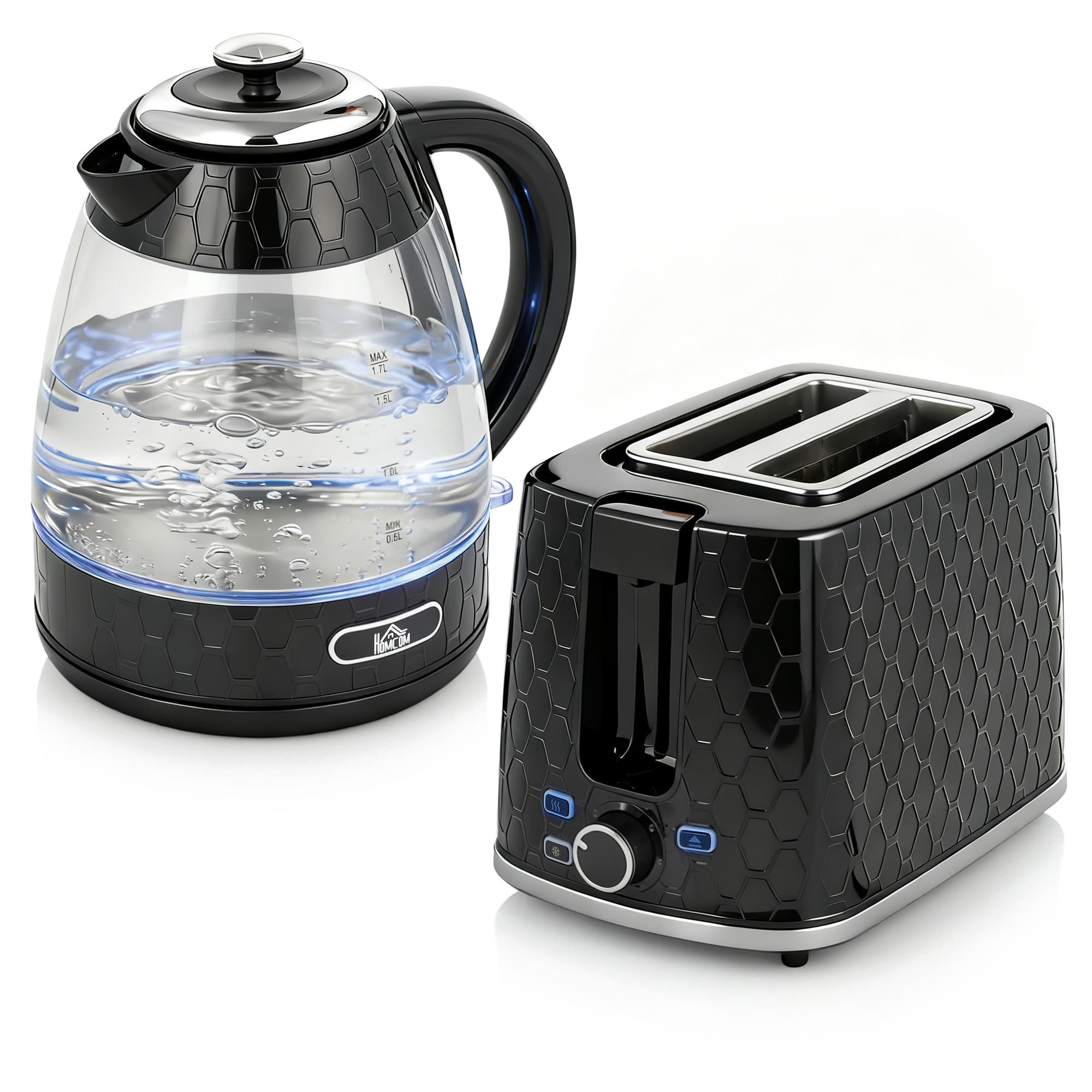 HOMCOM Kettle and Toaster Set, 1.7L 3000W Rapid Kettle with Limescale Filter, 2 Slice Toaster with 7 Browning Controls, Black
