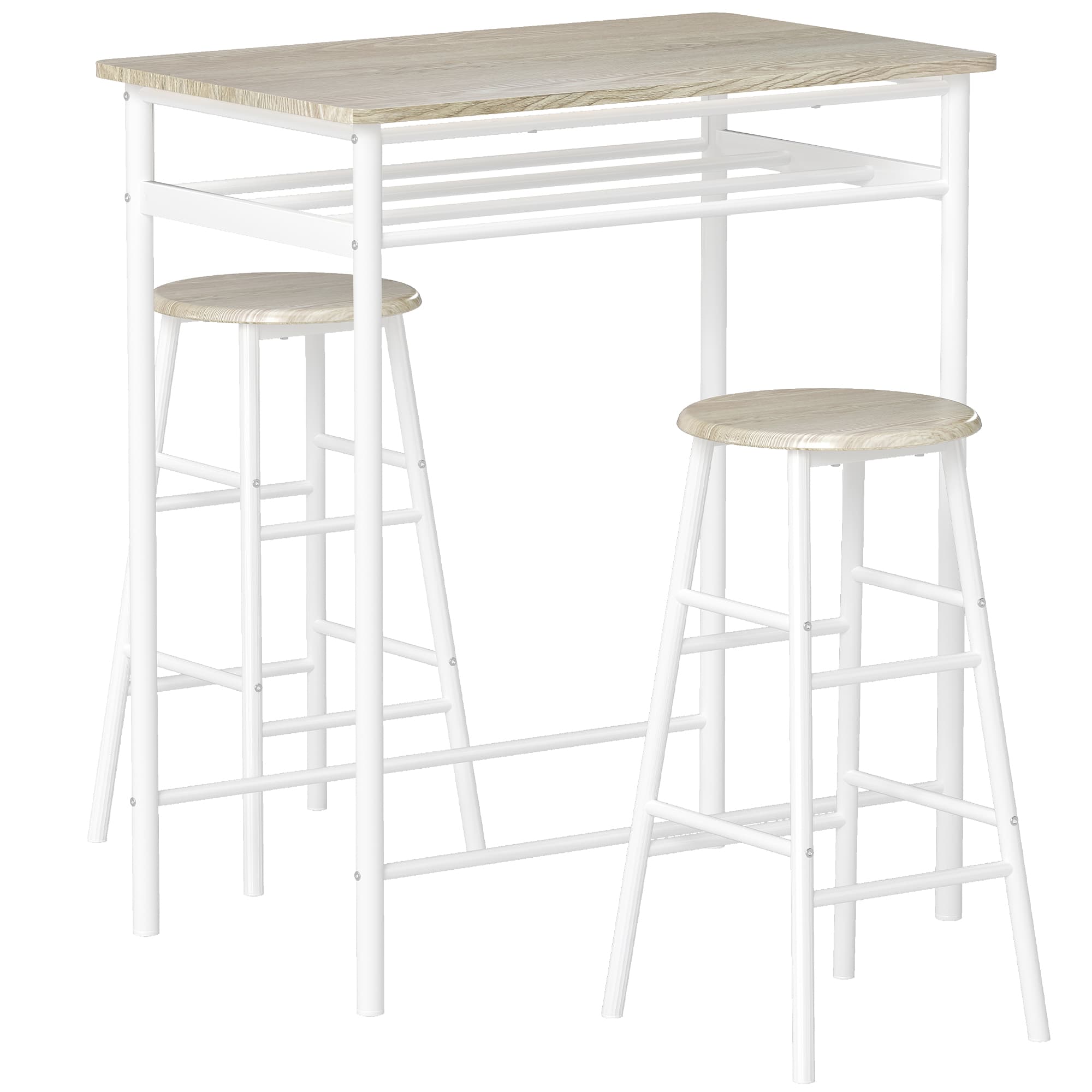HOMCOM Bar Table and Stools w/ Metal Frame Footrest, Storage Shelf, Bar Table Set for Kitchen, Dining Room, Cafe, White & Oak | Aosom UK