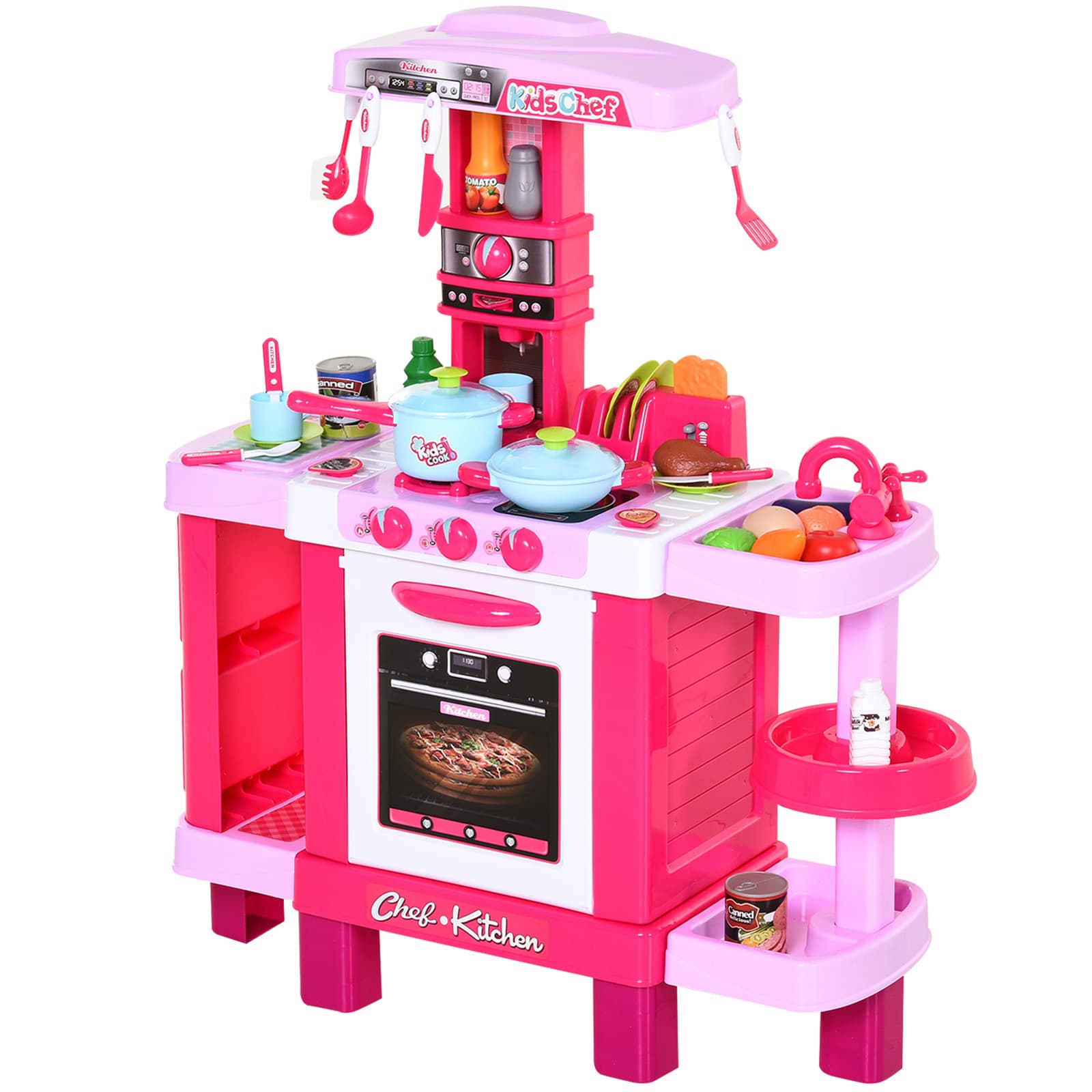 HOMCOM 38-Piece Children's Kitchen Play Set w/ Realistic Sounds Lights Food Utensils Pots Pans Appliances