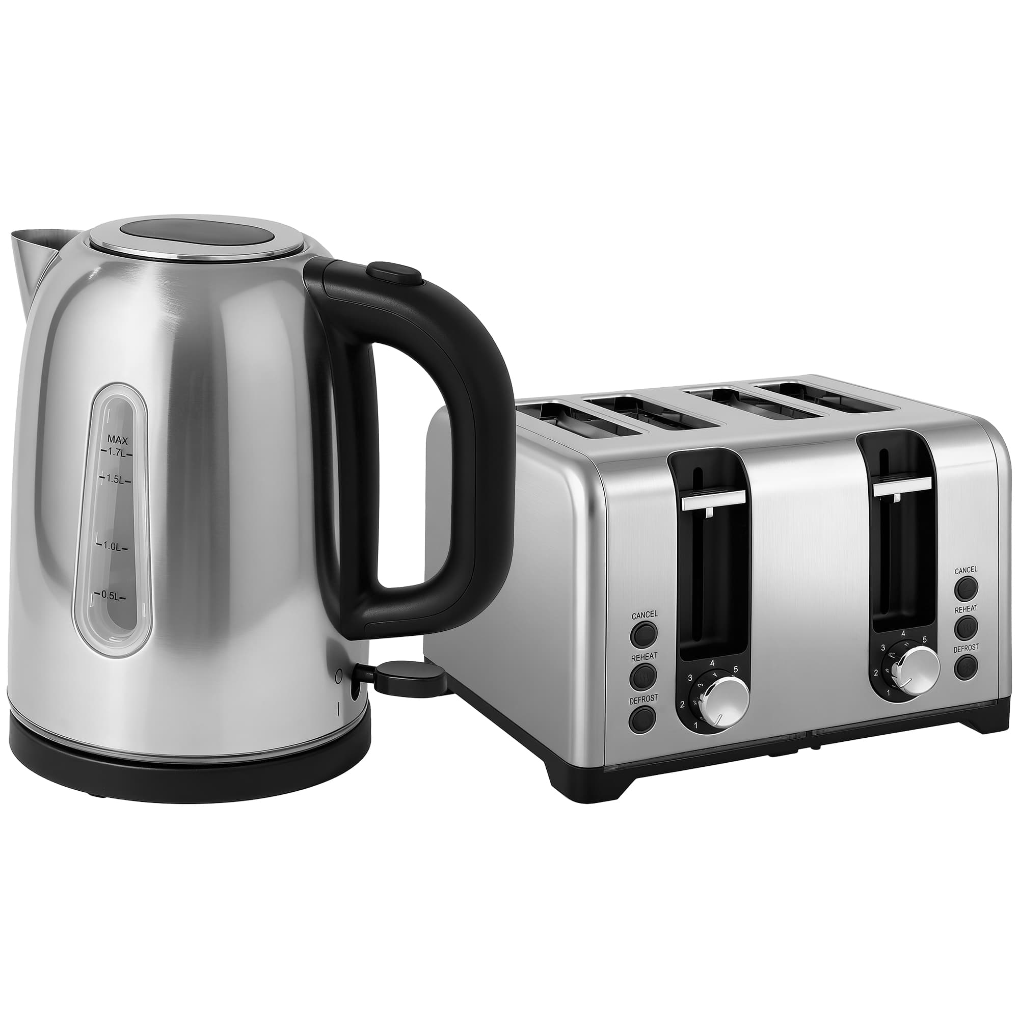 HOMCOM Kettle and Toaster Set, 1.7L 3000W Rapid Boil Jug Kettle with Strix Thermostat, Limescale Filter, 4 Slice Toaster with 7 Browning Controls, Crumb Tray, Silver Tone