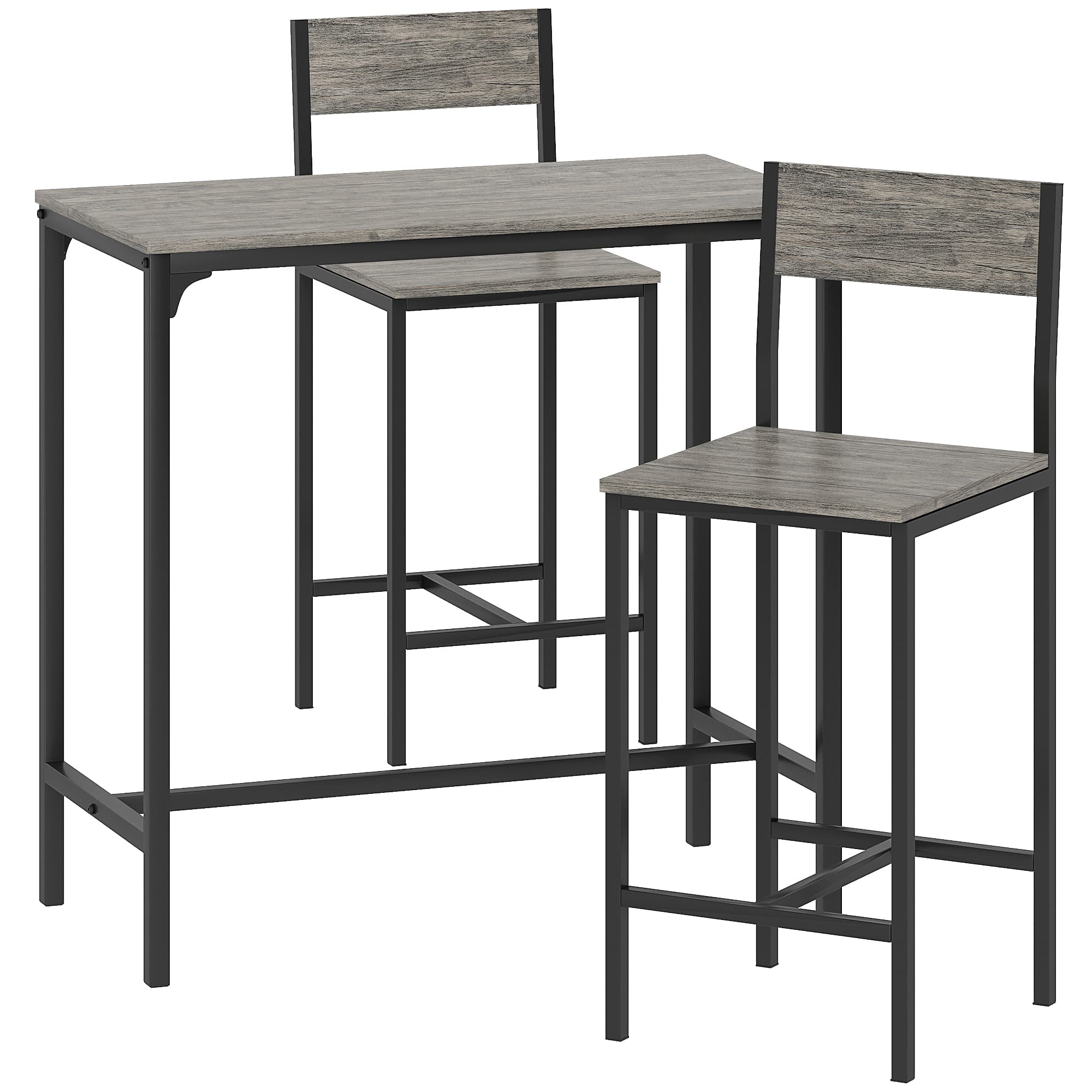 HOMCOM 3-Piece Bar Table Set with 2 Stools, Industrial Breakfast Bar Set with Footrest, Backrest for Dining Room, Small Space thumbnail 2